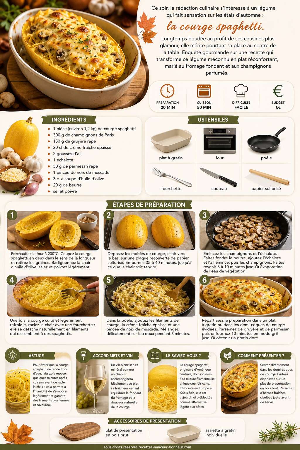 Fiche recette Courge spaghetti au fromage et champignons : recette savoureuse