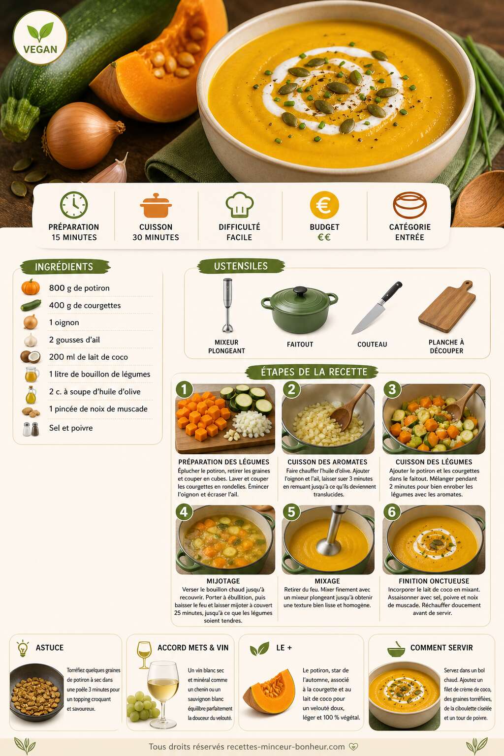 Fiche recette Velouté potiron-courgette vegan : recette savoureuse et facile Fiche recette Velouté potiron-courgette vegan : recette savoureuse et facile