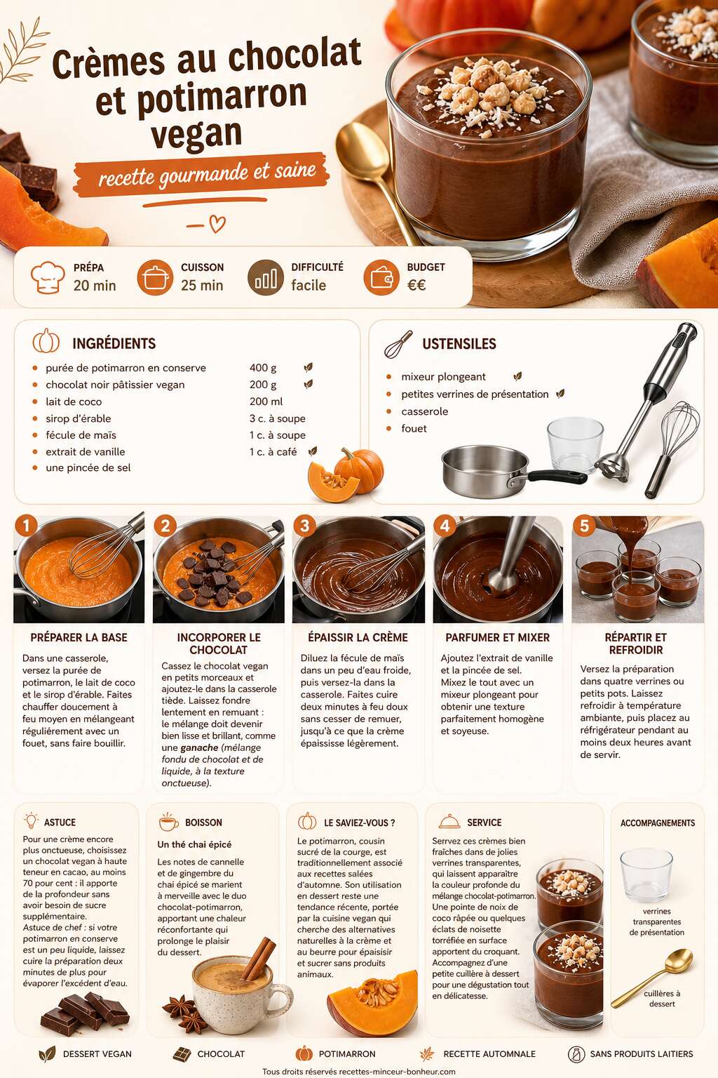 Fiche recette Crèmes au chocolat et potimarron vegan : recette gourmande et saine Fiche recette Crèmes au chocolat et potimarron vegan : recette gourmande et saine