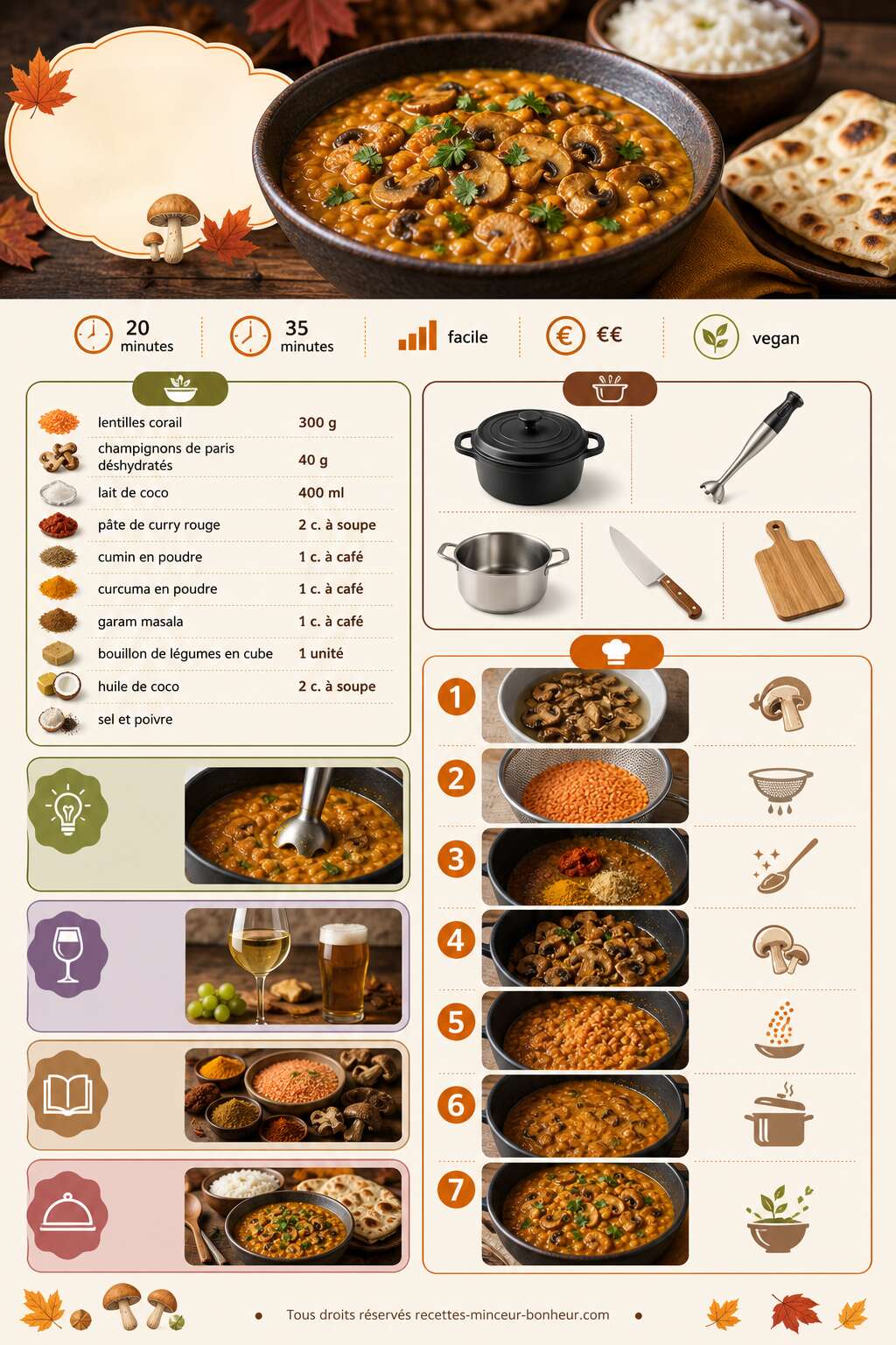 Fiche recette Recette de dhal d'automne vegan aux champignons