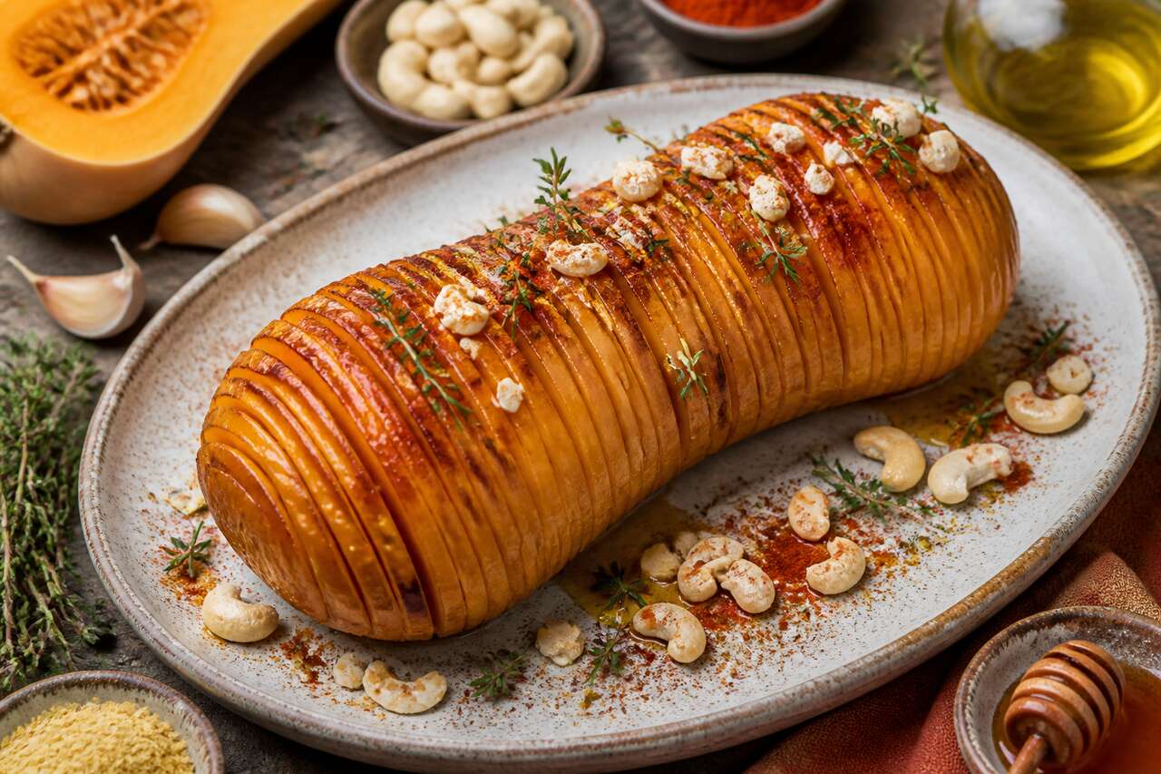 Courge butternut façon hasselback vegan : recette savoureuse et facile