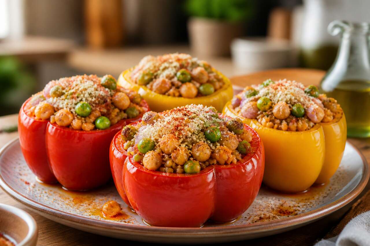 Recette : poivrons farcis au boulgour et aux pois