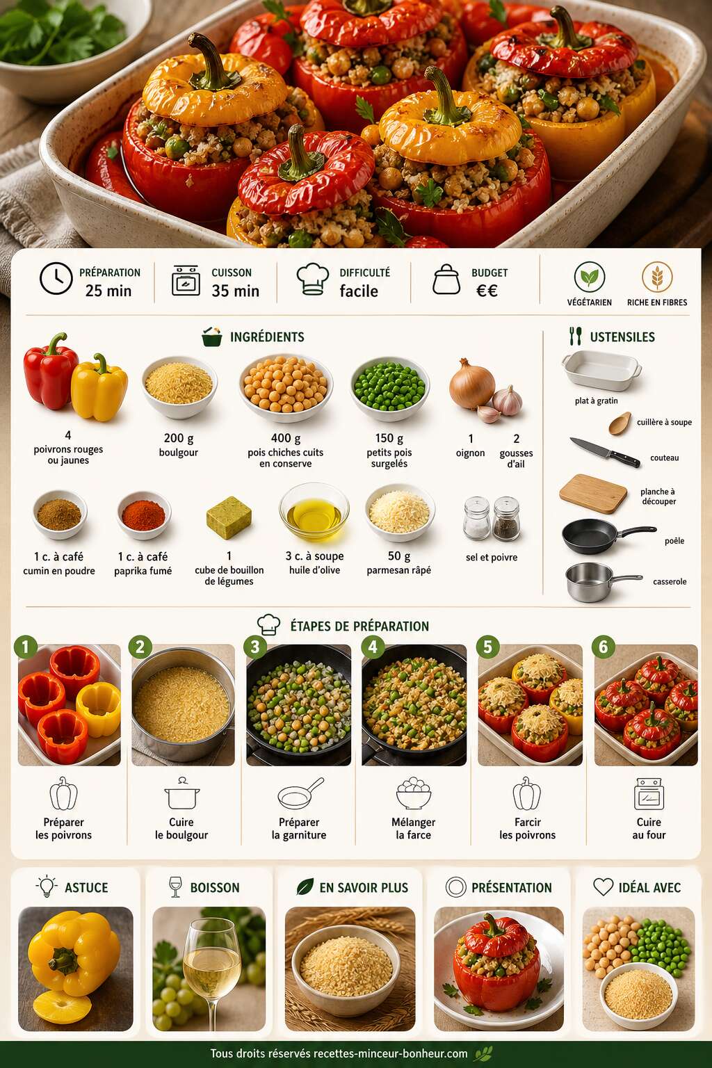 Fiche recette Recette : poivrons farcis au boulgour et aux pois Fiche recette Recette : poivrons farcis au boulgour et aux pois