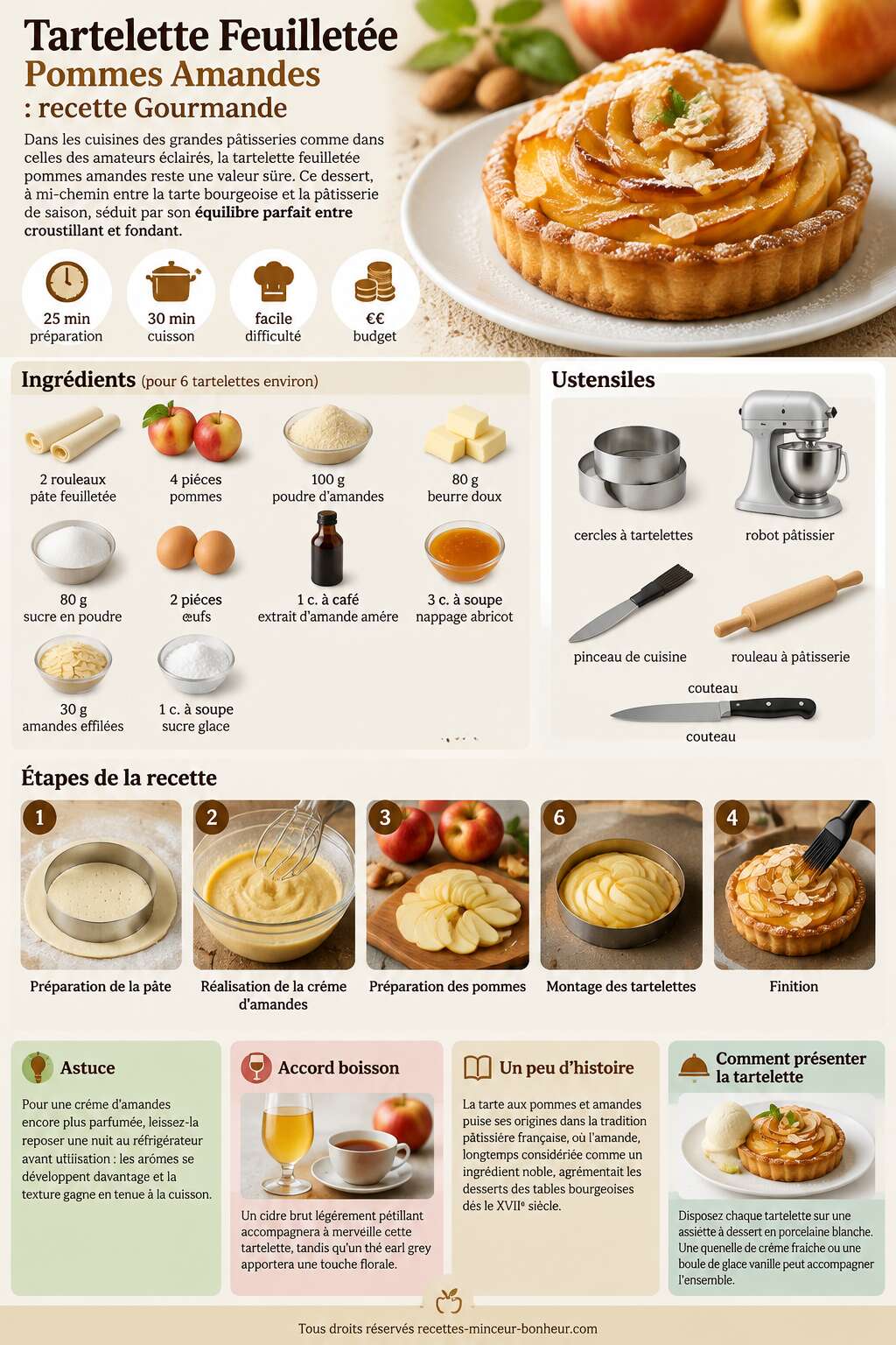 Fiche recette Tartelette Feuillet&eacute;e Pommes Amandes : recette Gourmande