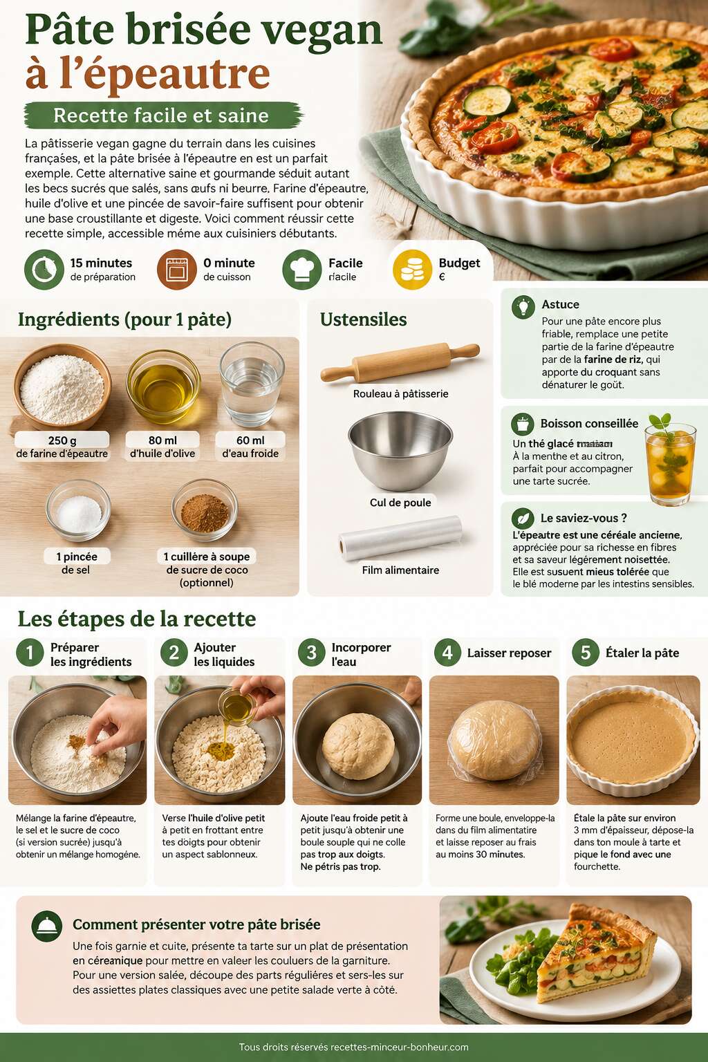 Fiche recette P&acirc;te bris&eacute;e vegan &agrave; l'&eacute;peautre : recette facile et saine