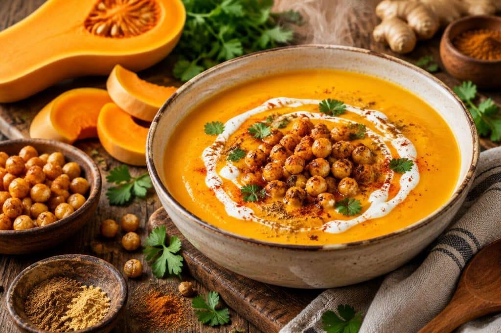 Velouté de butternut aux pois chiches : recette réconfortante