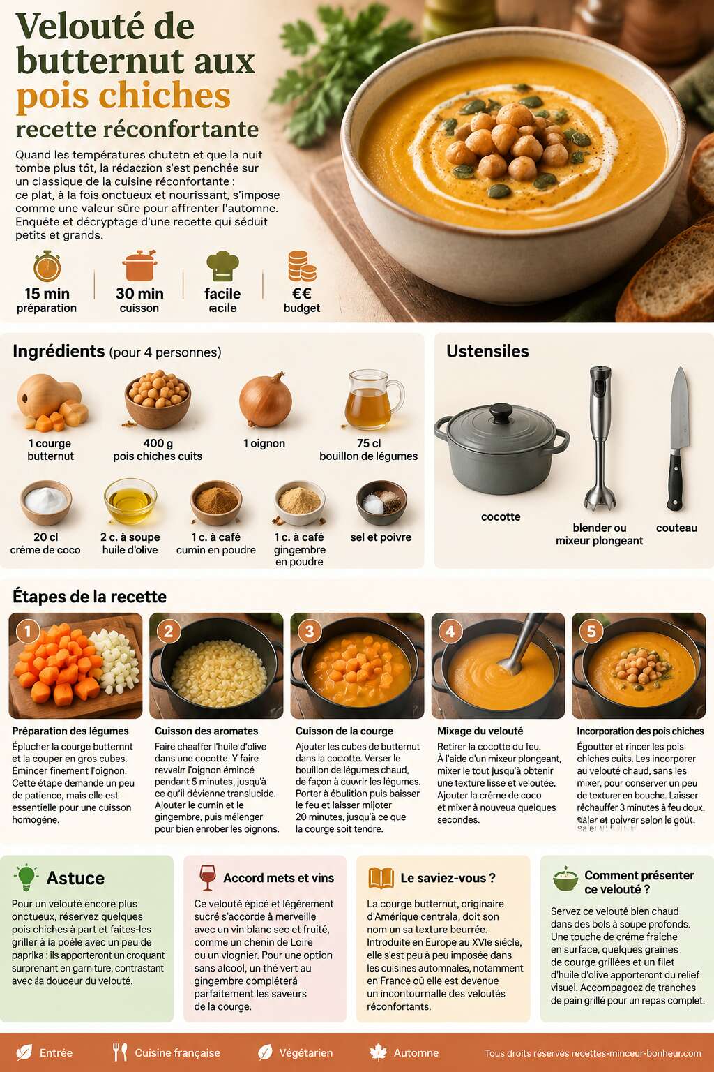 Fiche recette Velout&eacute; de butternut aux pois chiches : recette r&eacute;confortante
