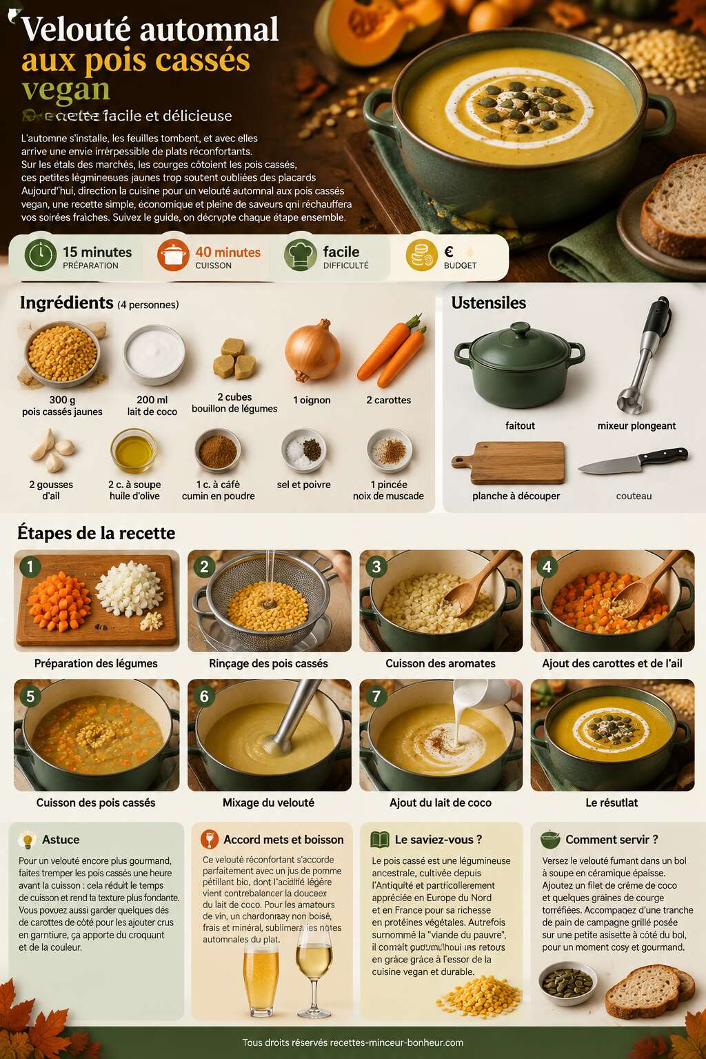 Fiche recette Velout&eacute; automnal aux pois cass&eacute;s vegan : recette facile et d&eacute;licieuse