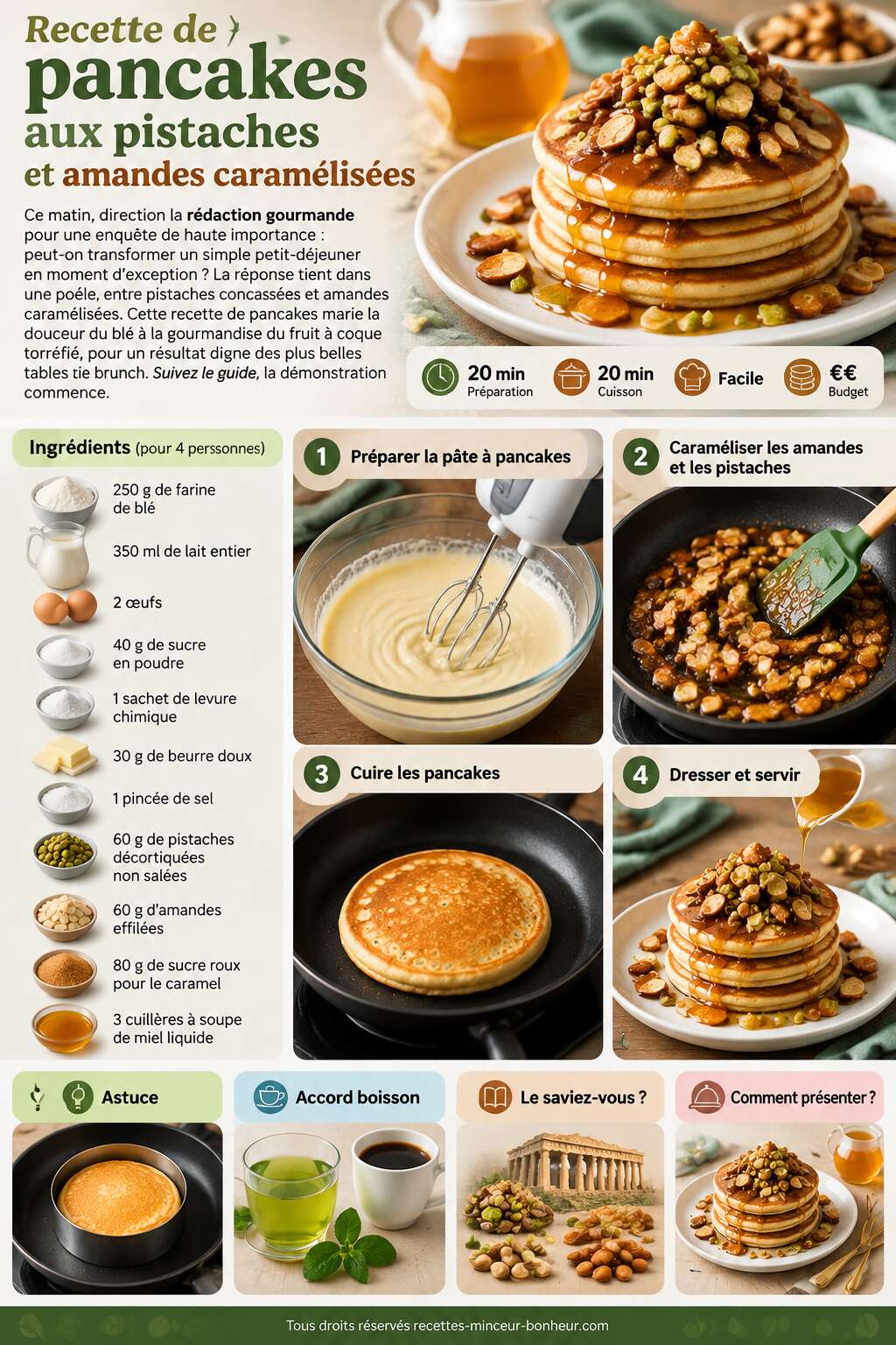Fiche recette Recette de pancakes aux pistaches et amandes caram&eacute;lis&eacute;es