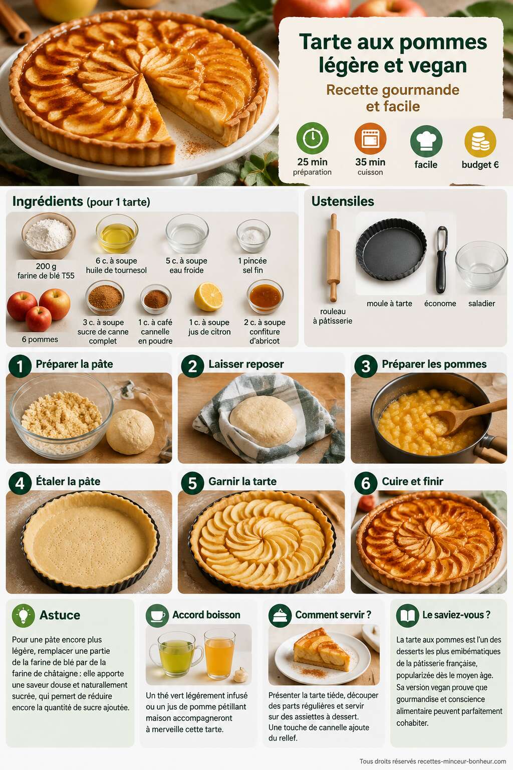 Fiche recette Tarte aux pommes l&eacute;g&egrave;re et vegan : recette gourmande et facile