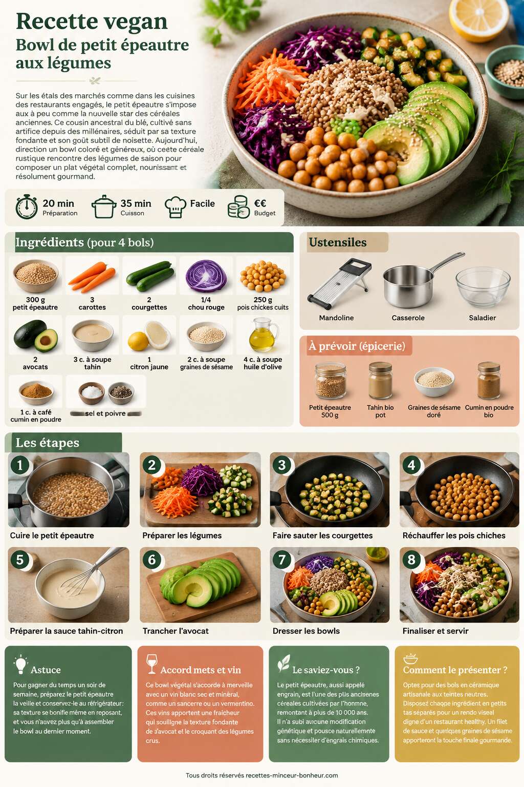 Fiche recette Recette vegan : bowl de petit &eacute;peautre aux l&eacute;gumes