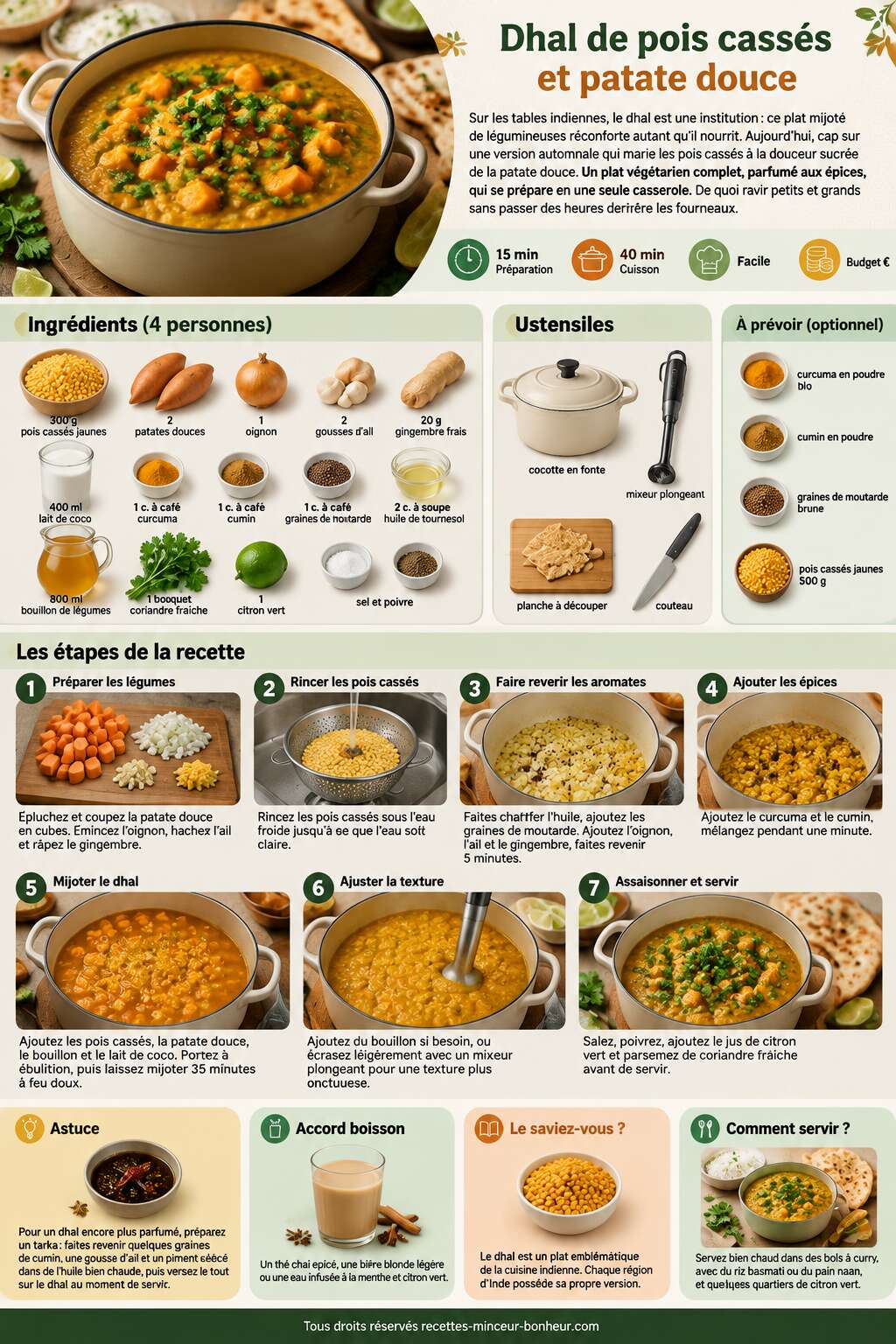 Fiche recette Recette : dhal de pois cass&eacute;s et patate douce