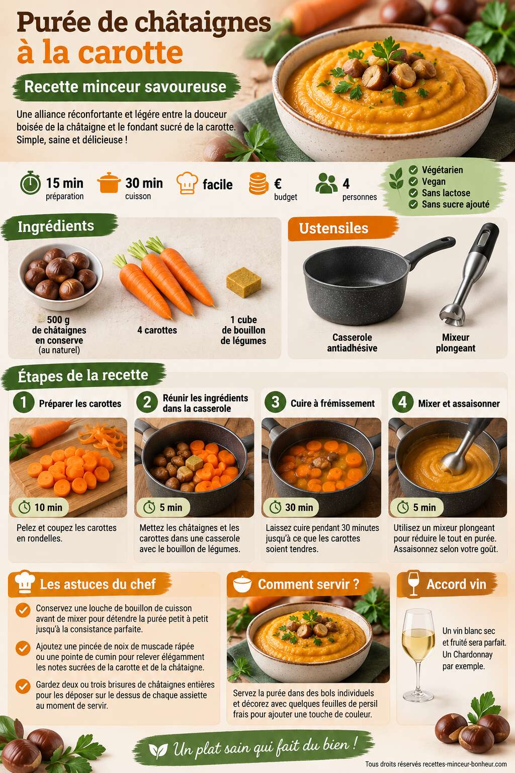 Fiche recette Purée de châtaignes à la carotte : recette minceur savoureuse Fiche recette Purée de châtaignes à la carotte : recette minceur savoureuse