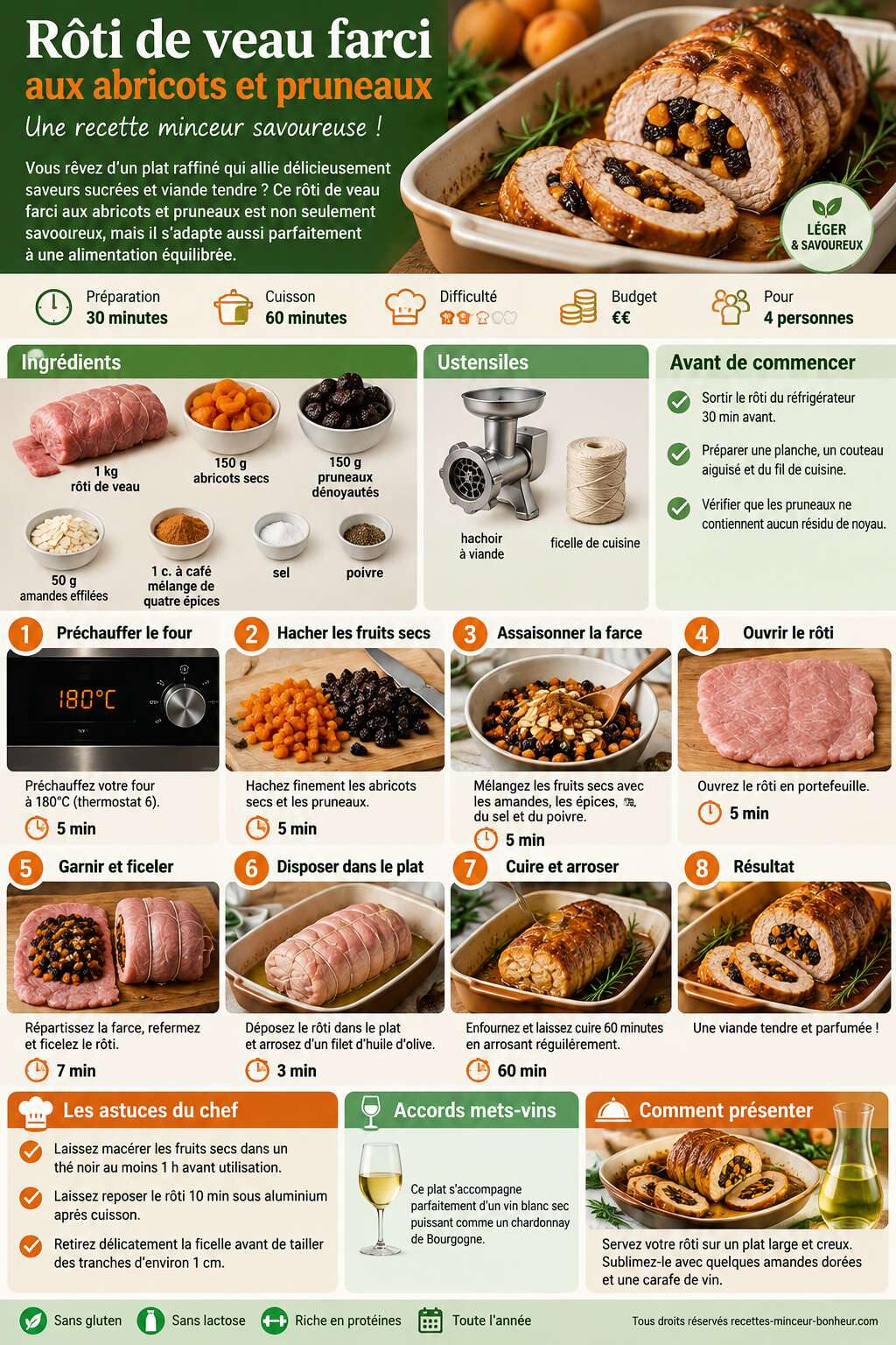 Fiche recette R&ocirc;ti de veau farci aux abricots et pruneaux : recette minceur savoureuse