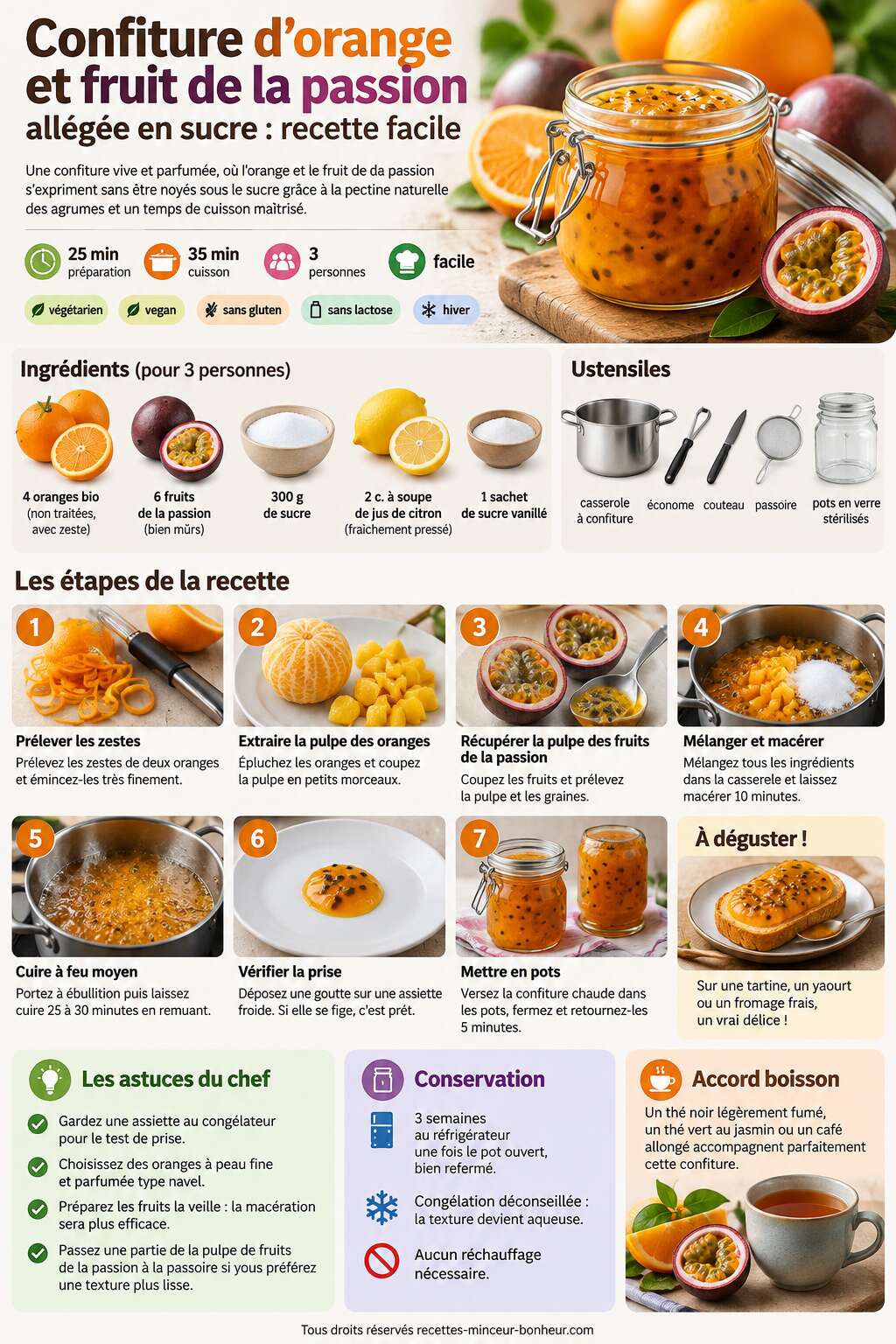 Fiche recette Confiture d'orange et fruit de la passion all&eacute;g&eacute;e en sucre : recette facile