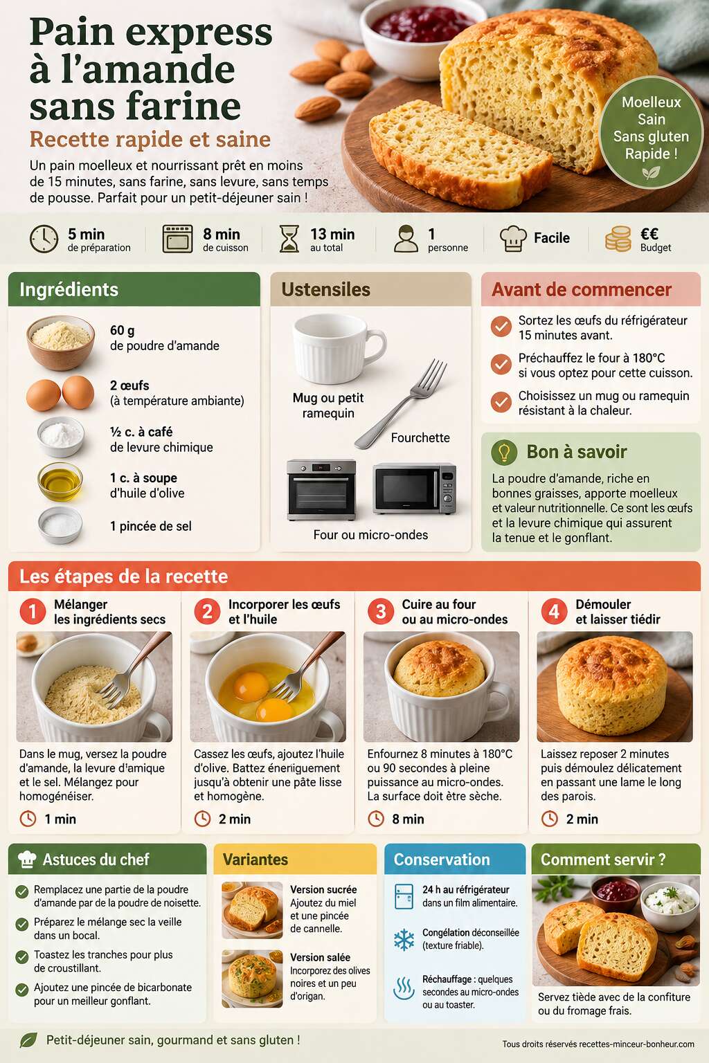 Fiche recette Pain express à l'amande sans farine : recette rapide et saine Fiche recette Pain express à l'amande sans farine : recette rapide et saine