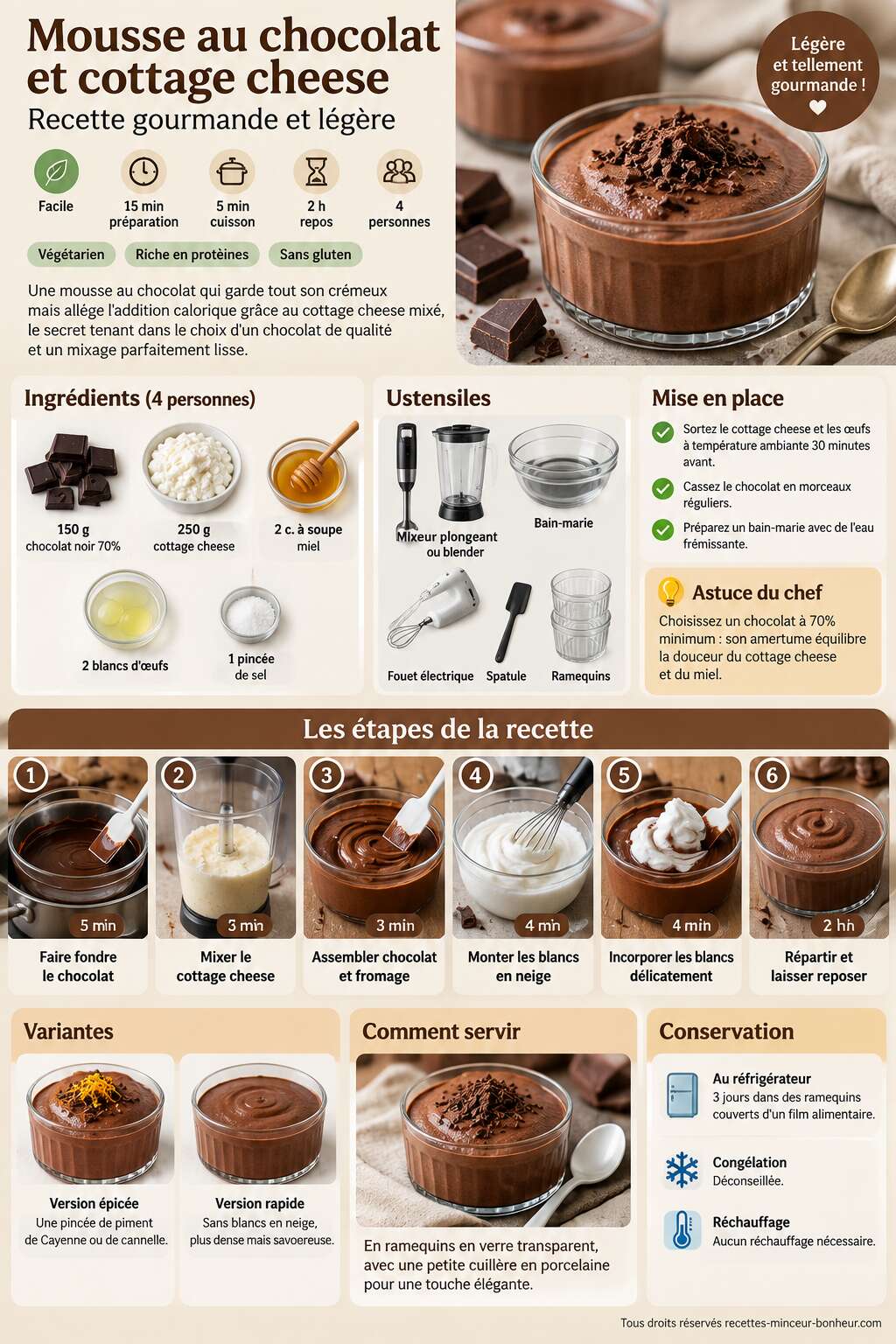 Fiche recette Mousse au chocolat et cottage cheese : recette gourmande et légère Fiche recette Mousse au chocolat et cottage cheese : recette gourmande et légère