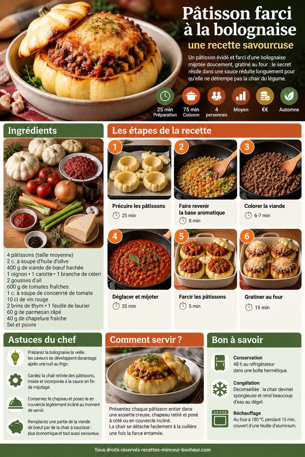 Fiche recette Pâtisson farci à la bolognaise : une recette savoureuse Fiche recette Pâtisson farci à la bolognaise : une recette savoureuse