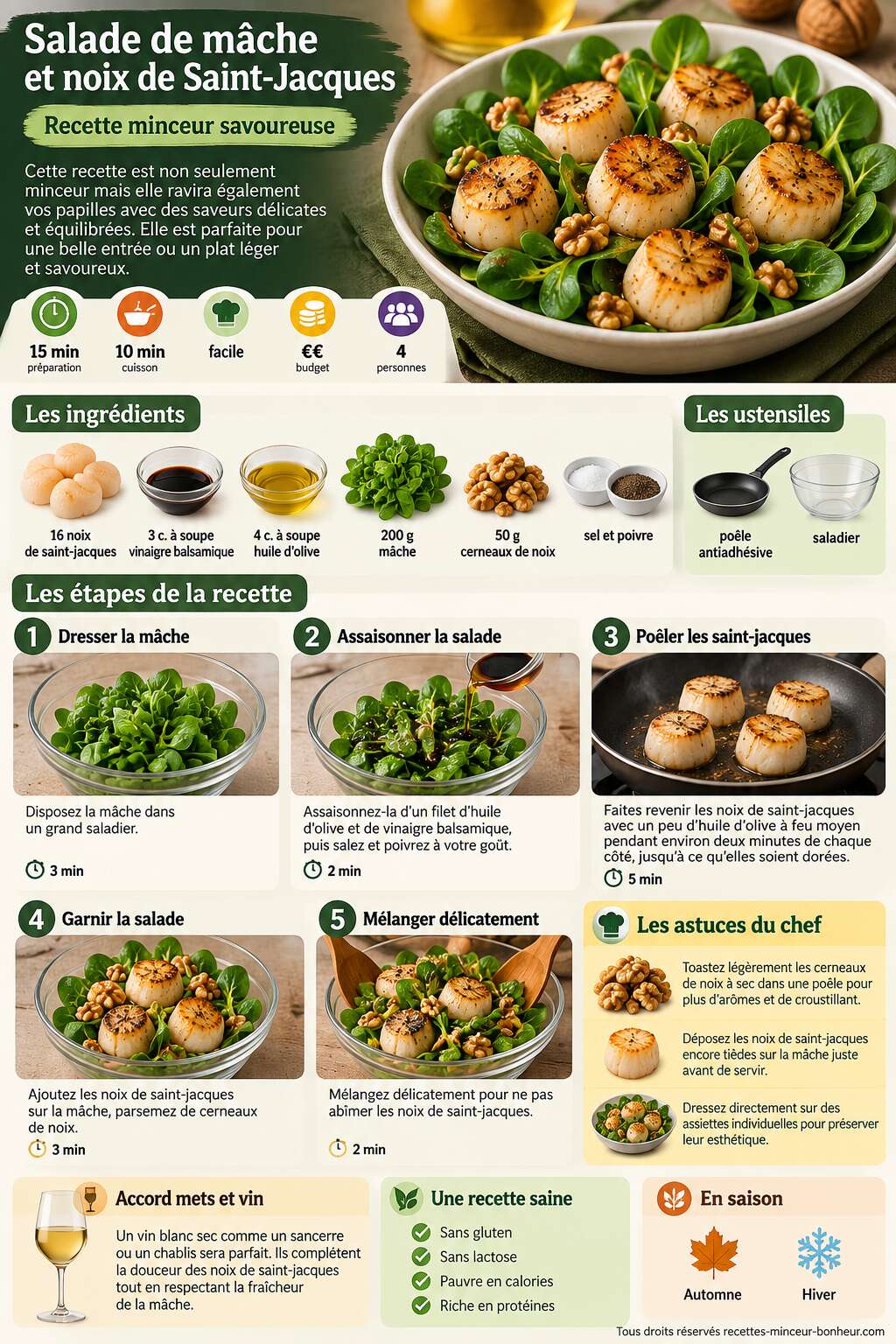 Fiche recette Salade de m&acirc;che et noix de Saint-Jacques : recette minceur savoureuse