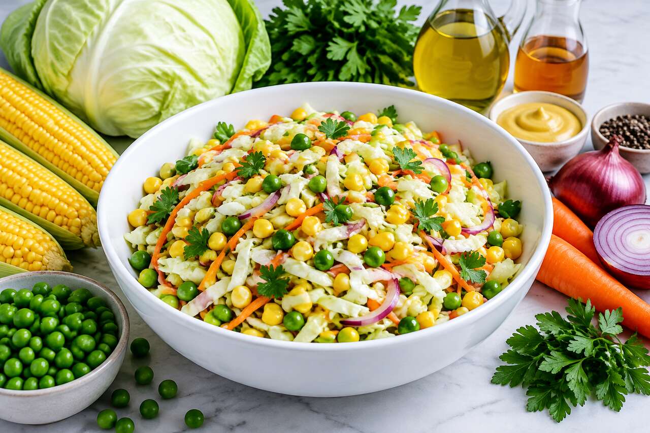 Recette vegan : salade de chou, maïs et petits pois