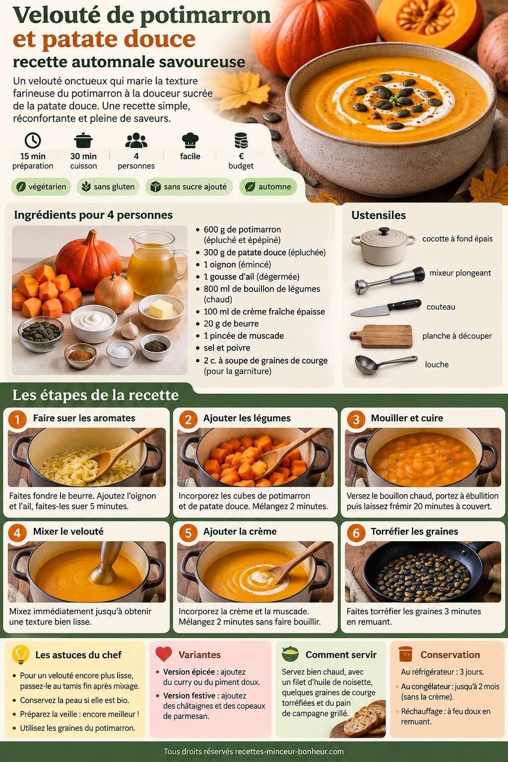 Fiche recette Velouté de potimarron et patate douce : recette automnale savoureuse Fiche recette Velouté de potimarron et patate douce : recette automnale savoureuse