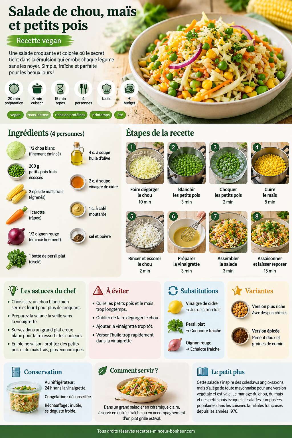 Fiche recette Recette vegan : salade de chou, maïs et petits pois Fiche recette Recette vegan : salade de chou, maïs et petits pois
