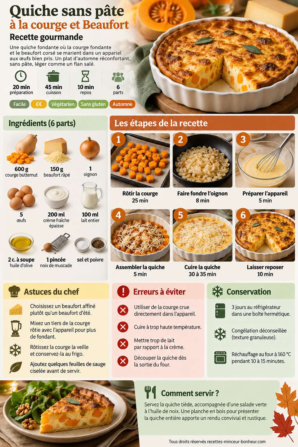 Fiche recette Quiche sans pâte à la courge et Beaufort : recette gourmande Fiche recette Quiche sans pâte à la courge et Beaufort : recette gourmande