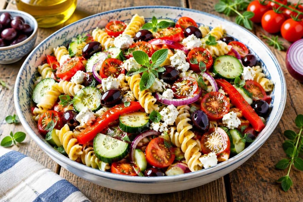 Salade de pâtes grecques à la feta : recette saine et savoureuse