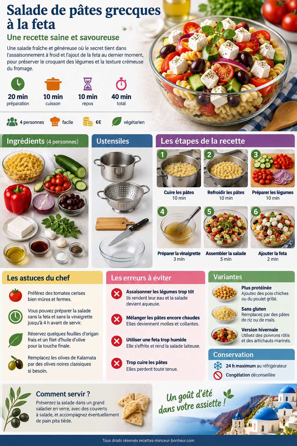 Fiche recette Salade de pâtes grecques à la feta : recette saine et savoureuse Fiche recette Salade de pâtes grecques à la feta : recette saine et savoureuse