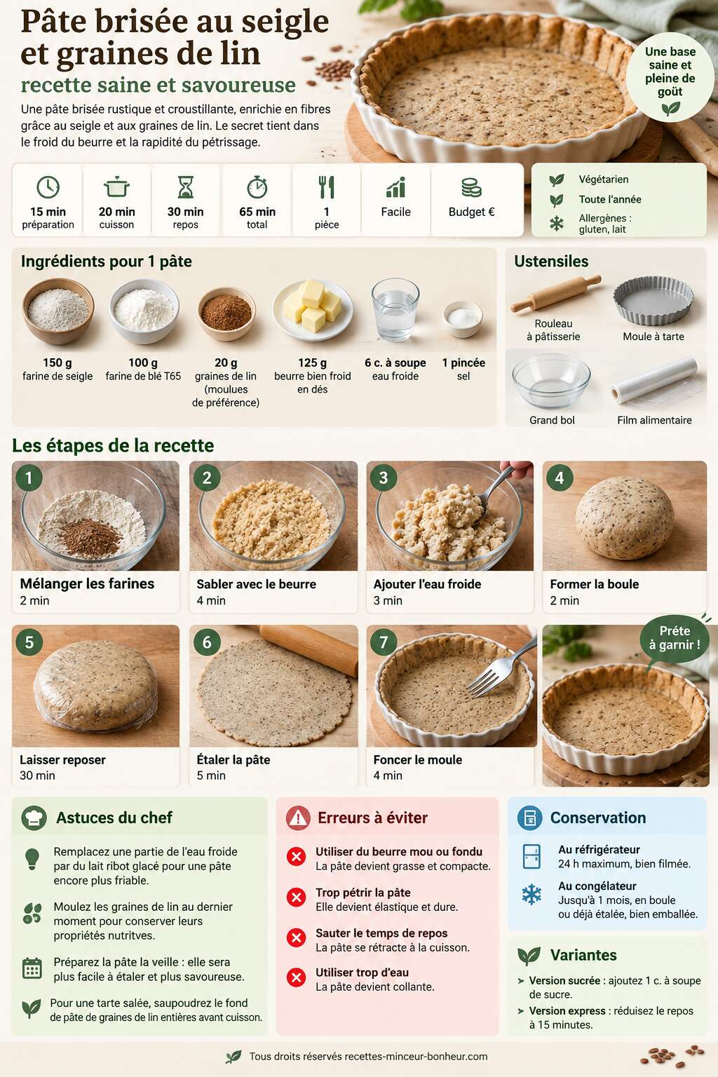 Fiche recette Pâte brisée au seigle et graines de lin : recette saine et savoureuse Fiche recette Pâte brisée au seigle et graines de lin : recette saine et savoureuse