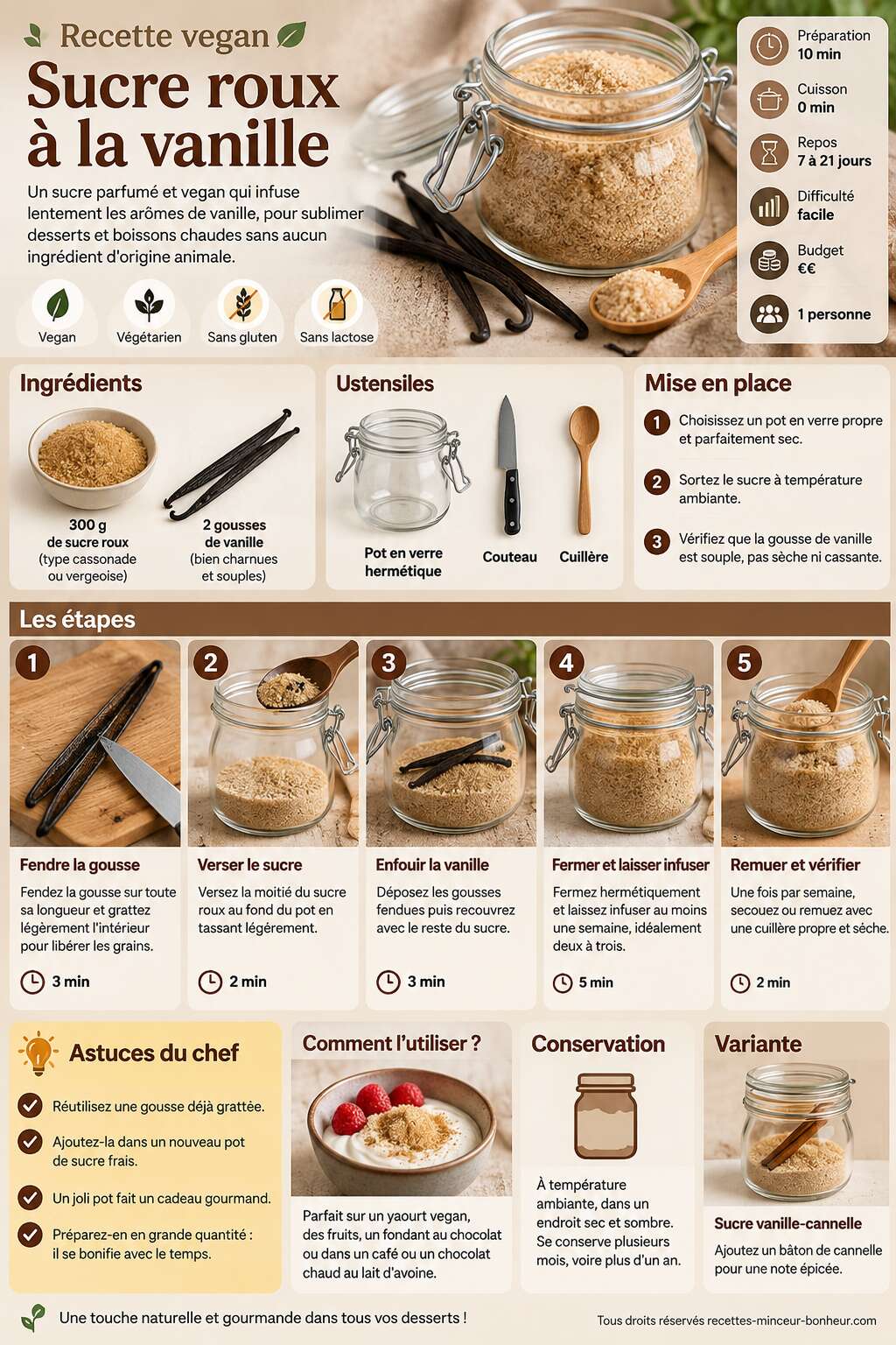 Fiche recette Recette vegan : sucre roux à la vanille Fiche recette Recette vegan : sucre roux à la vanille