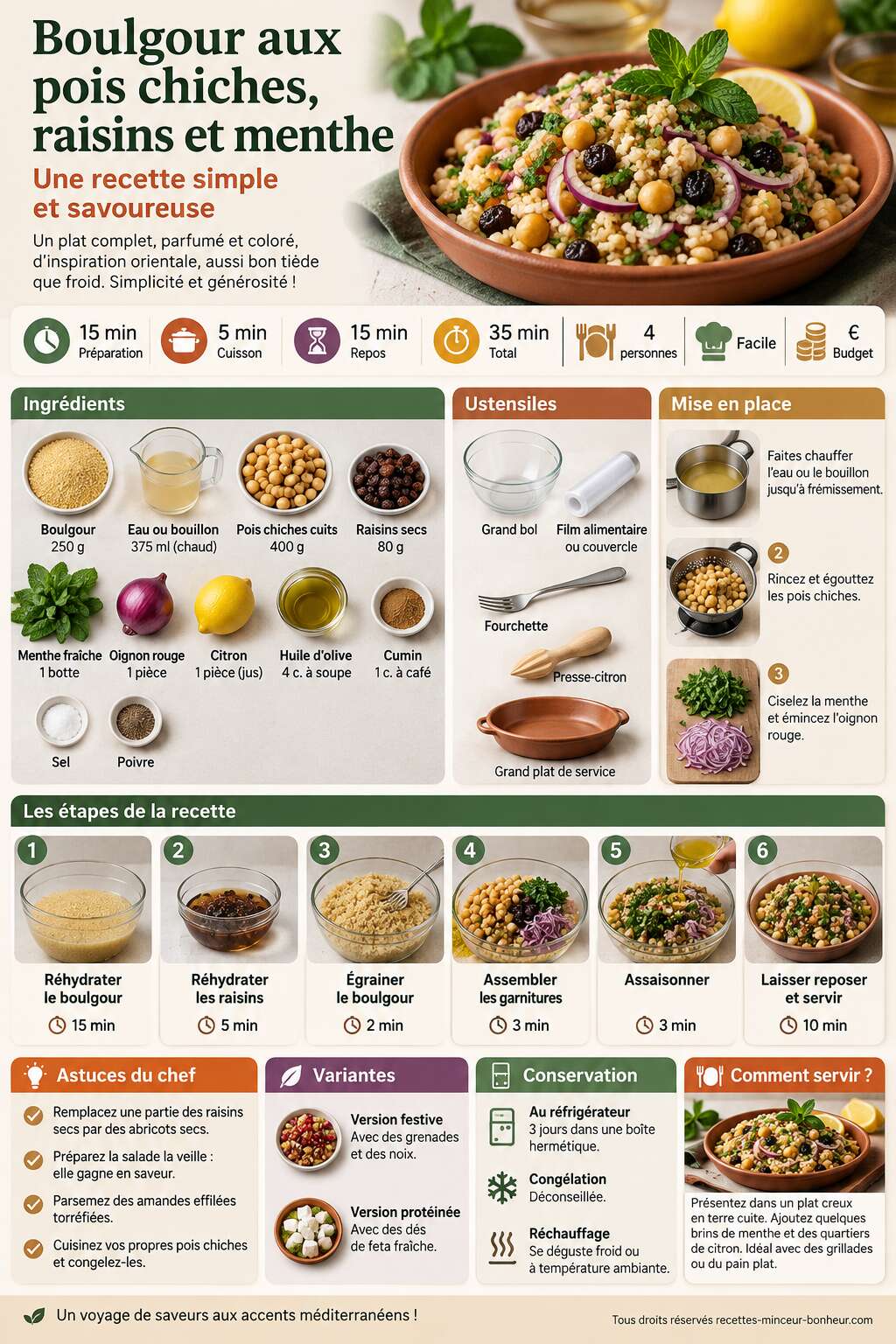 Fiche recette Boulgour aux pois chiches, raisins et menthe : recette simple et savoureuse