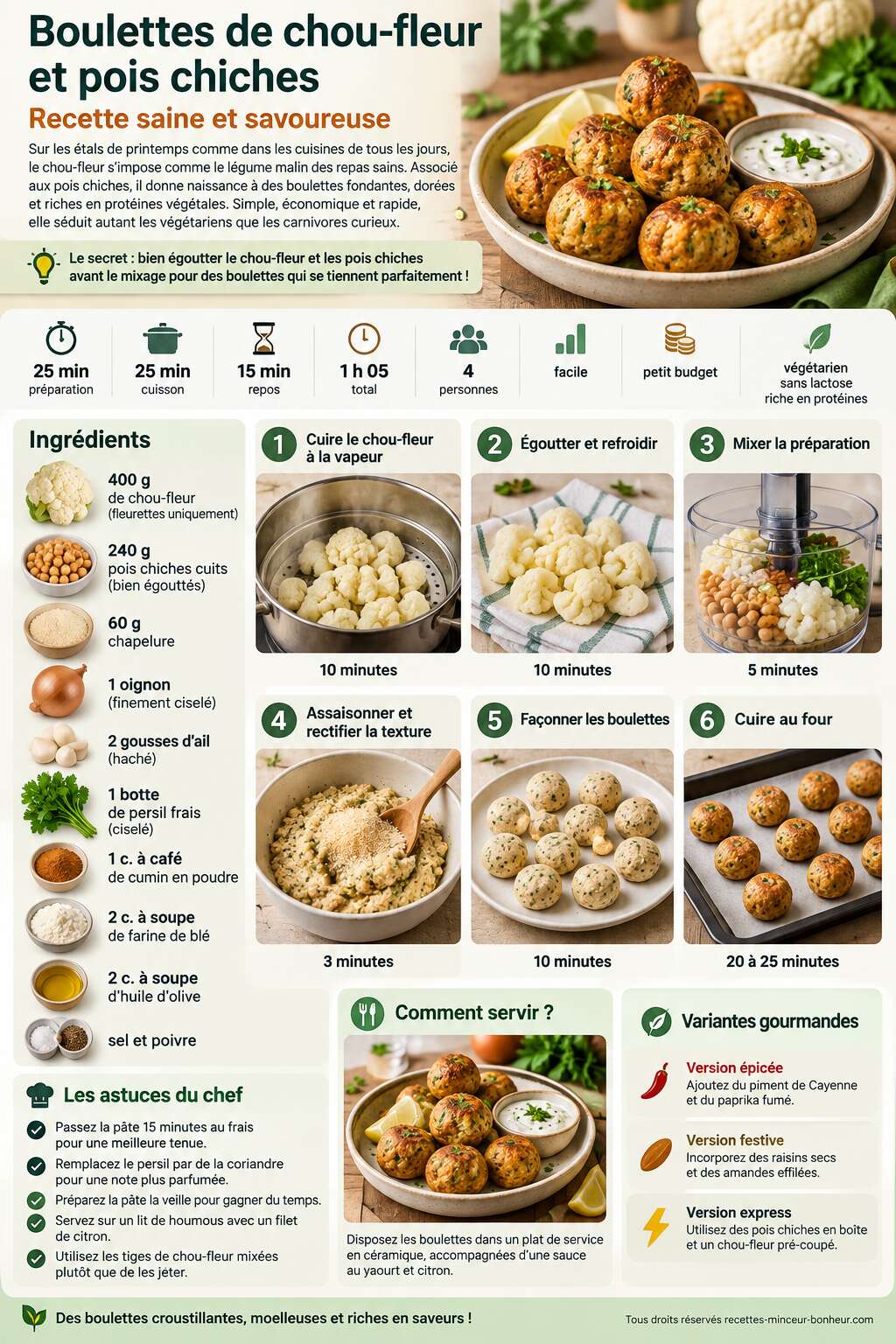 Fiche recette Boulettes de chou-fleur et pois chiches : recette saine et savoureuse