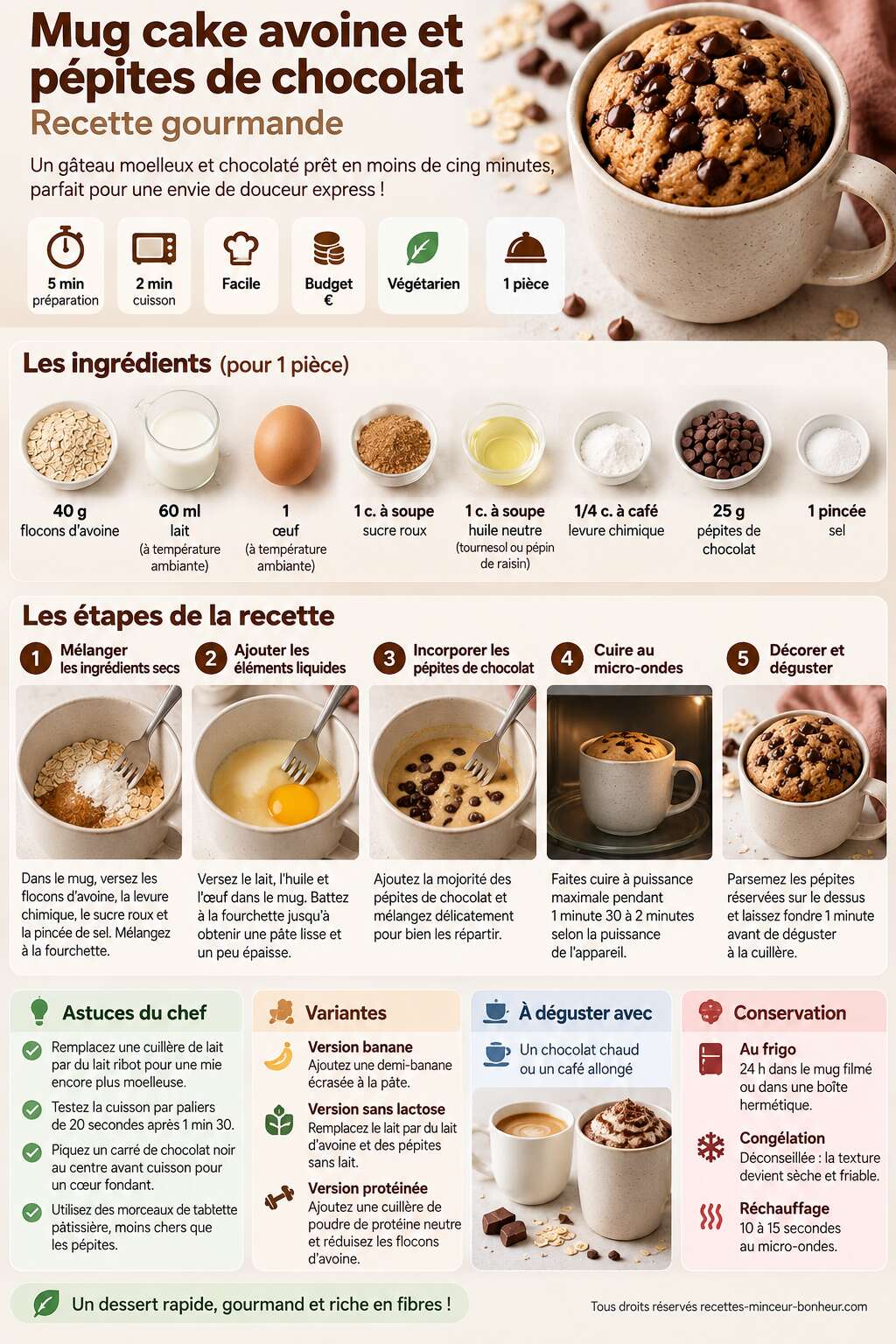 Fiche recette Mug cake avoine et p&eacute;pites de chocolat : recette gourmande