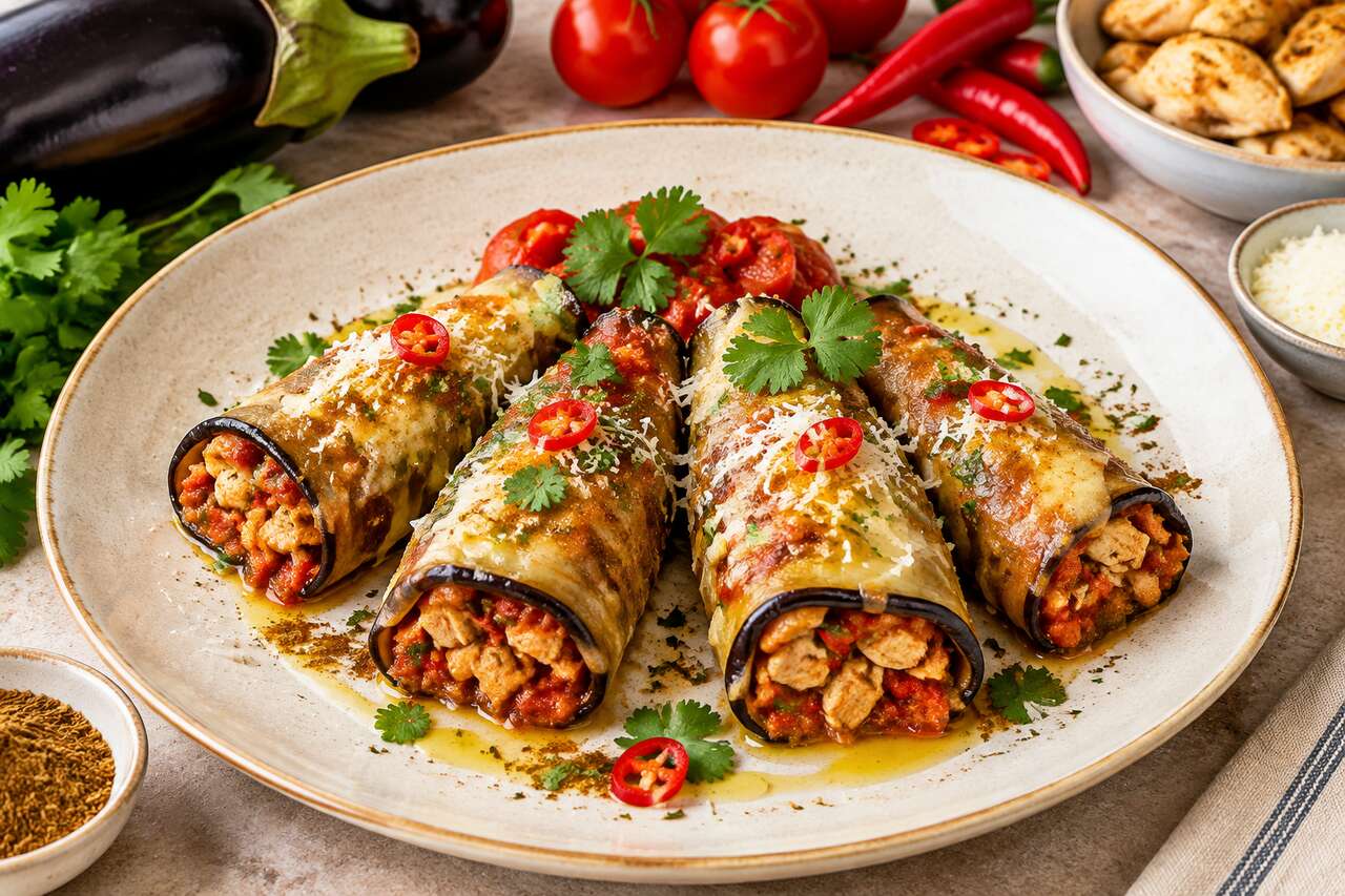 Cannelloni d'aubergines au poulet et chili