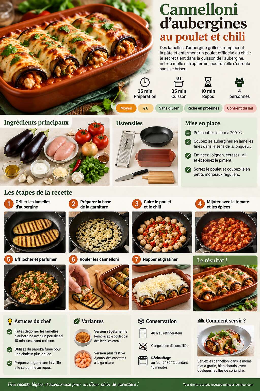 Fiche recette Cannelloni d'aubergines au poulet et chili