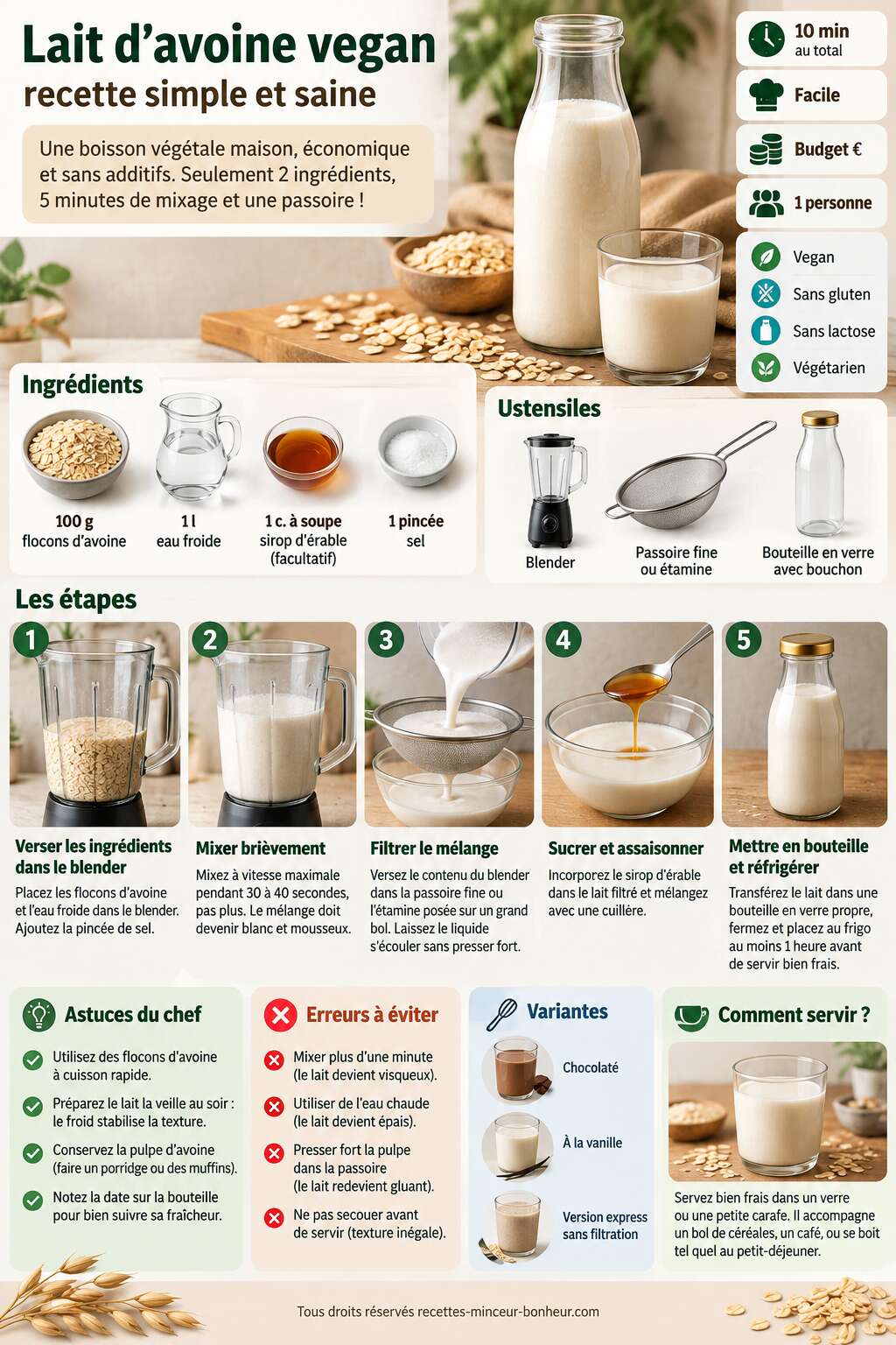 Fiche recette Lait d'avoine vegan : recette simple et saine