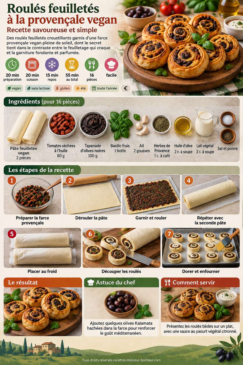 Fiche recette Roulés feuilletés à la provençale vegan : recette savoureuse et simple Fiche recette Roulés feuilletés à la provençale vegan : recette savoureuse et simple