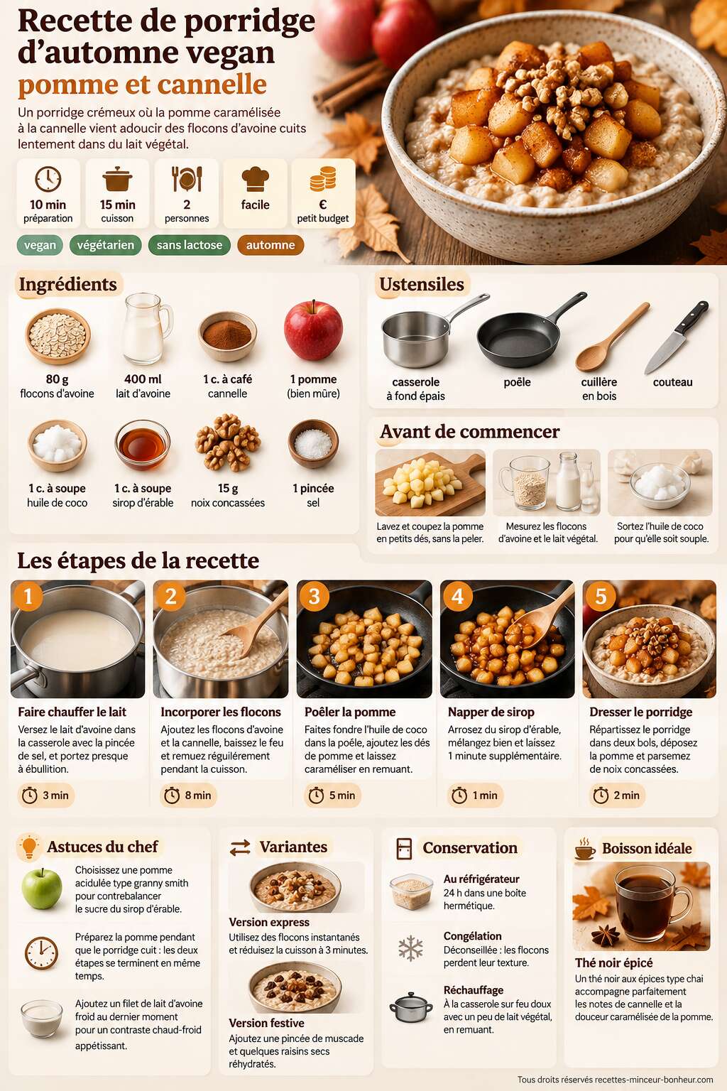 Fiche recette Recette de porridge d'automne vegan : pomme et cannelle