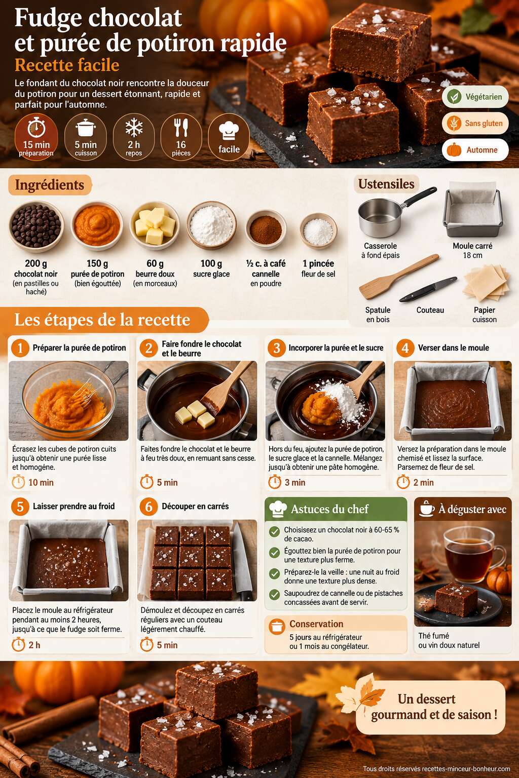 Fiche recette Fudge chocolat et pur&eacute;e de potiron rapide : recette facile