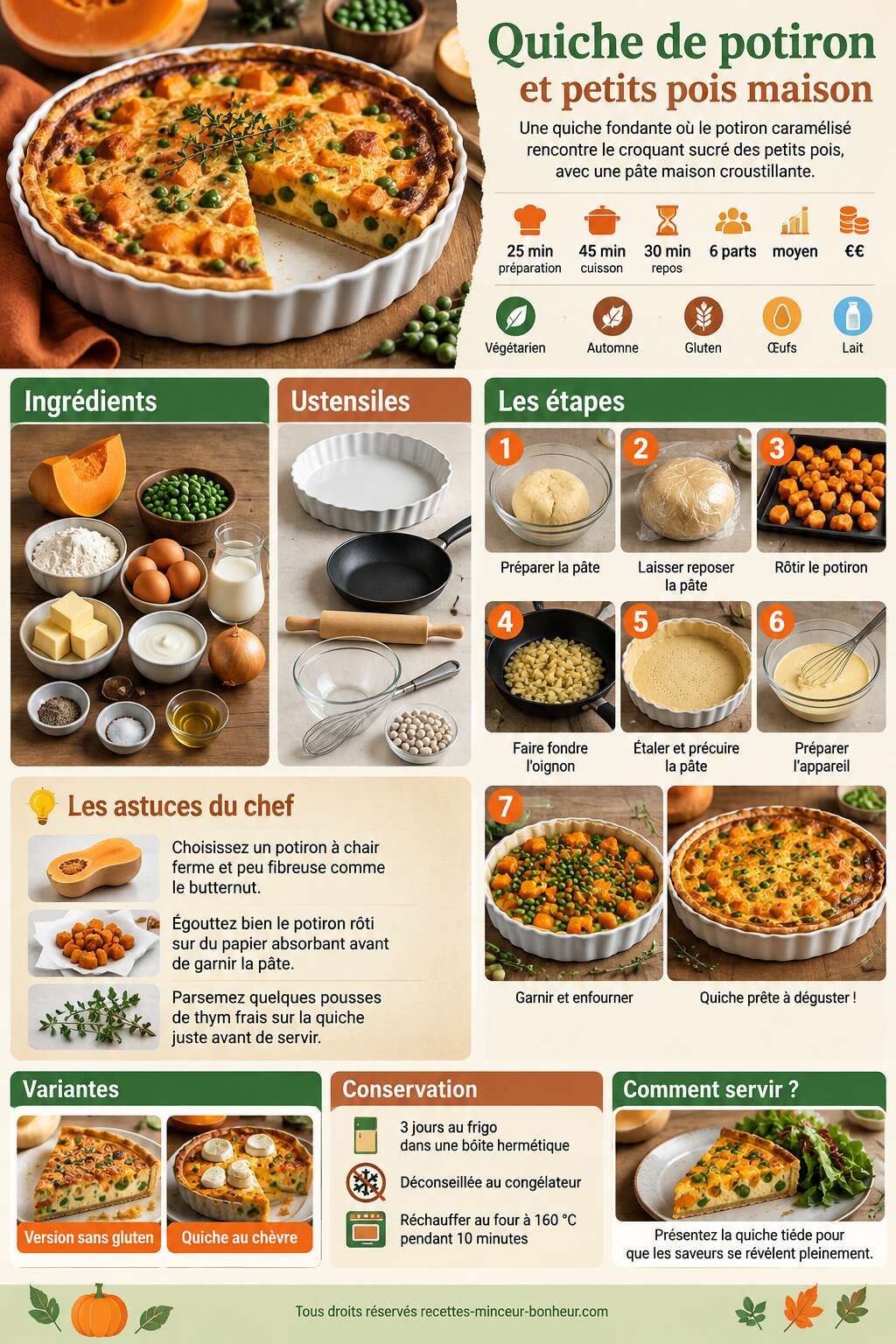 Fiche recette Quiche de potiron et petits pois maison