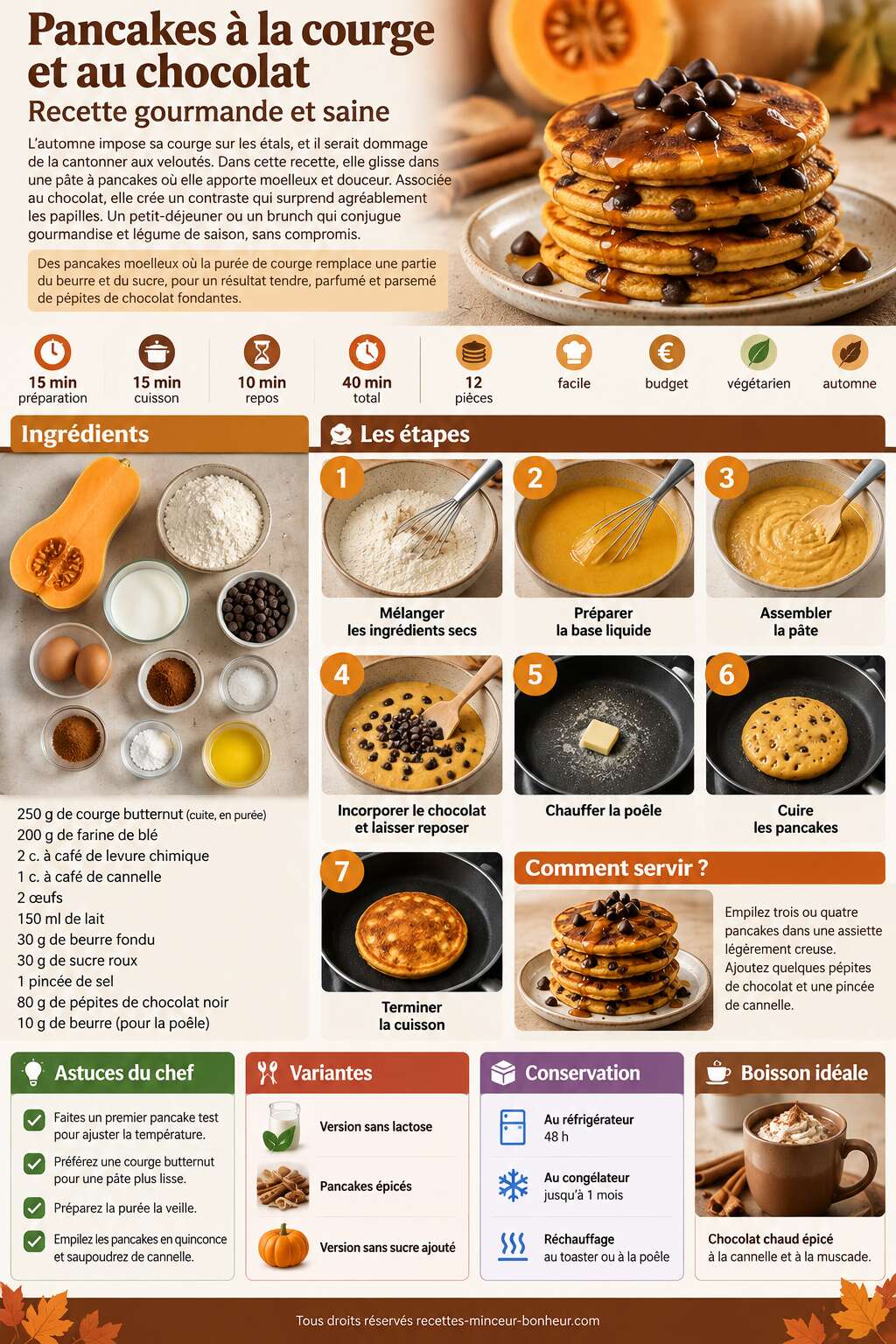 Fiche recette Pancakes &agrave; la courge et au chocolat : recette gourmande et saine