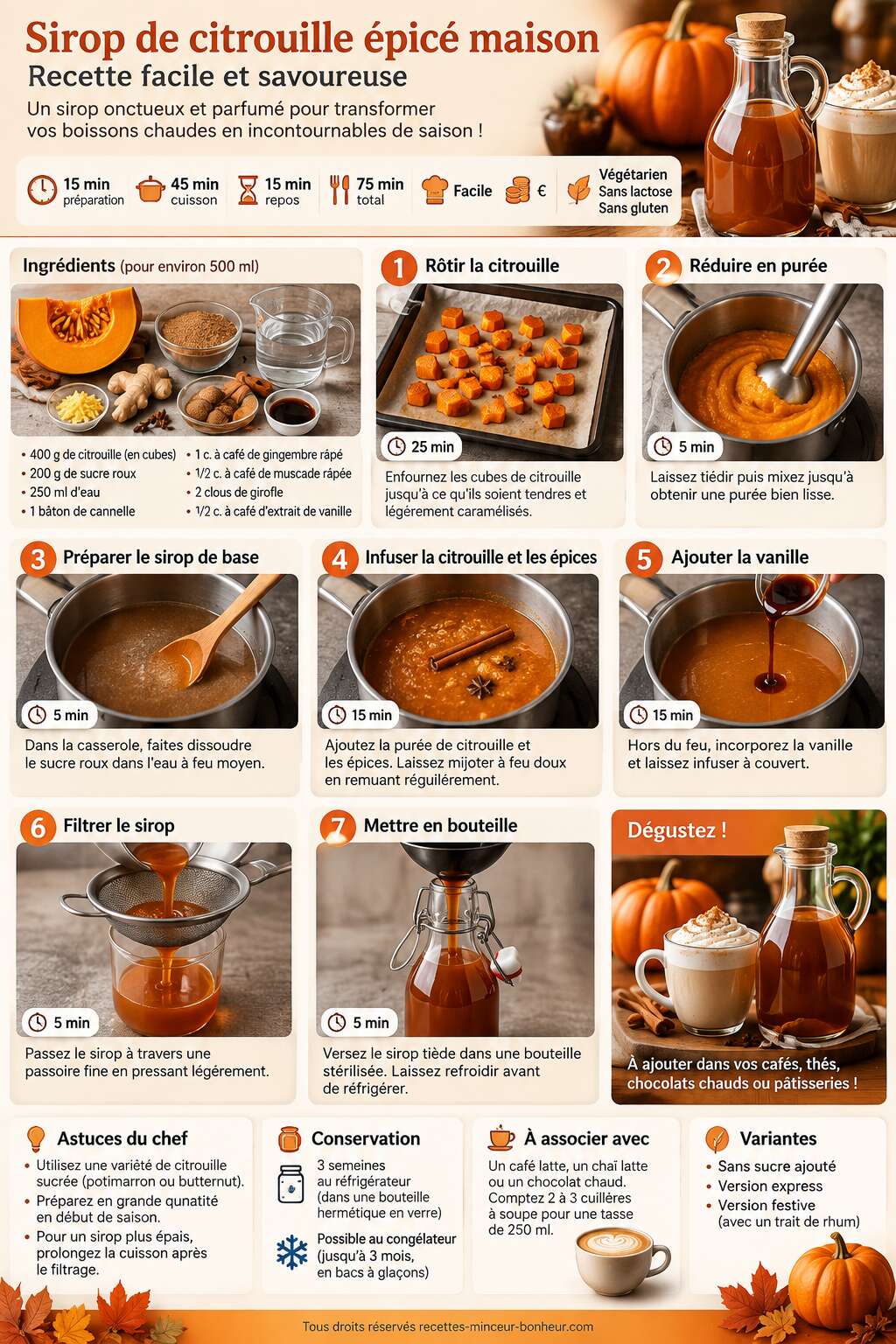 Fiche recette Sirop de citrouille épicé maison : recette facile et savoureuse Fiche recette Sirop de citrouille épicé maison : recette facile et savoureuse