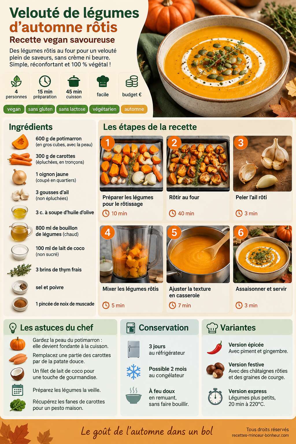 Fiche recette Velout&eacute; de l&eacute;gumes d'automne r&ocirc;tis : recette vegan savoureuse