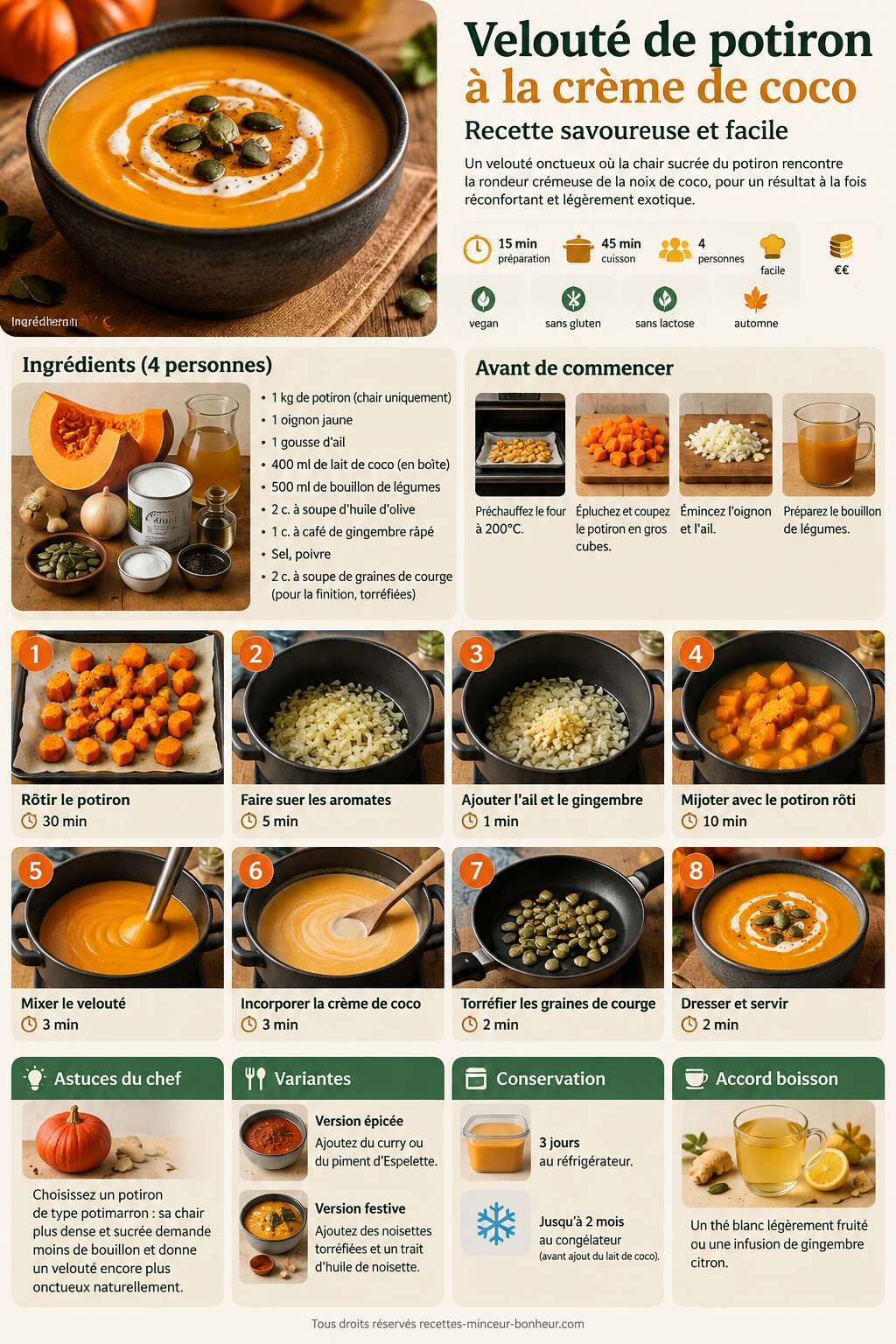 Fiche recette Velouté de potiron à la crème de coco : recette savoureuse et facile Fiche recette Velouté de potiron à la crème de coco : recette savoureuse et facile