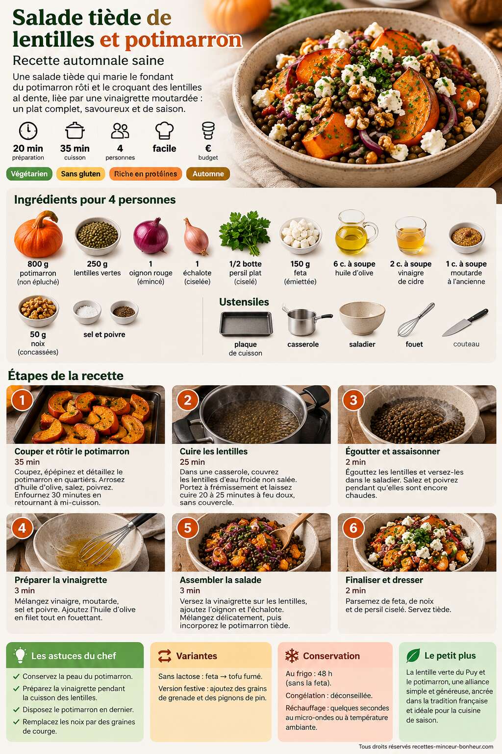 Fiche recette Salade ti&egrave;de de lentilles et potimarron : recette automnale saine