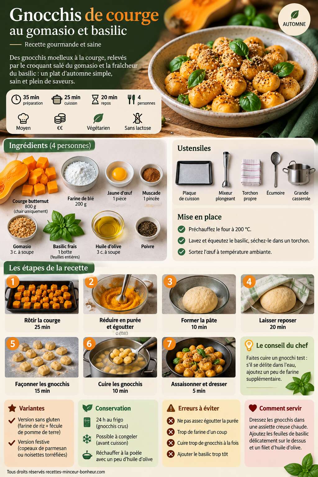 Fiche recette Gnocchis de courge au gomasio et basilic : recette gourmande et saine