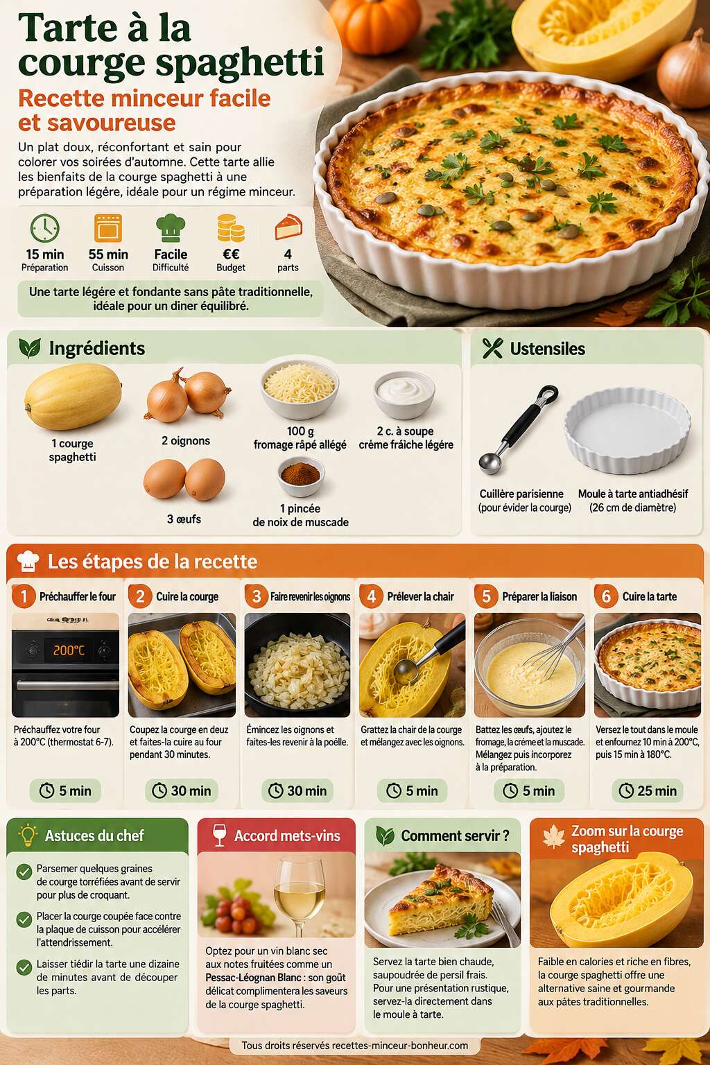Fiche recette Tarte &agrave; la courge spaghetti : recette minceur facile et savoureuse
