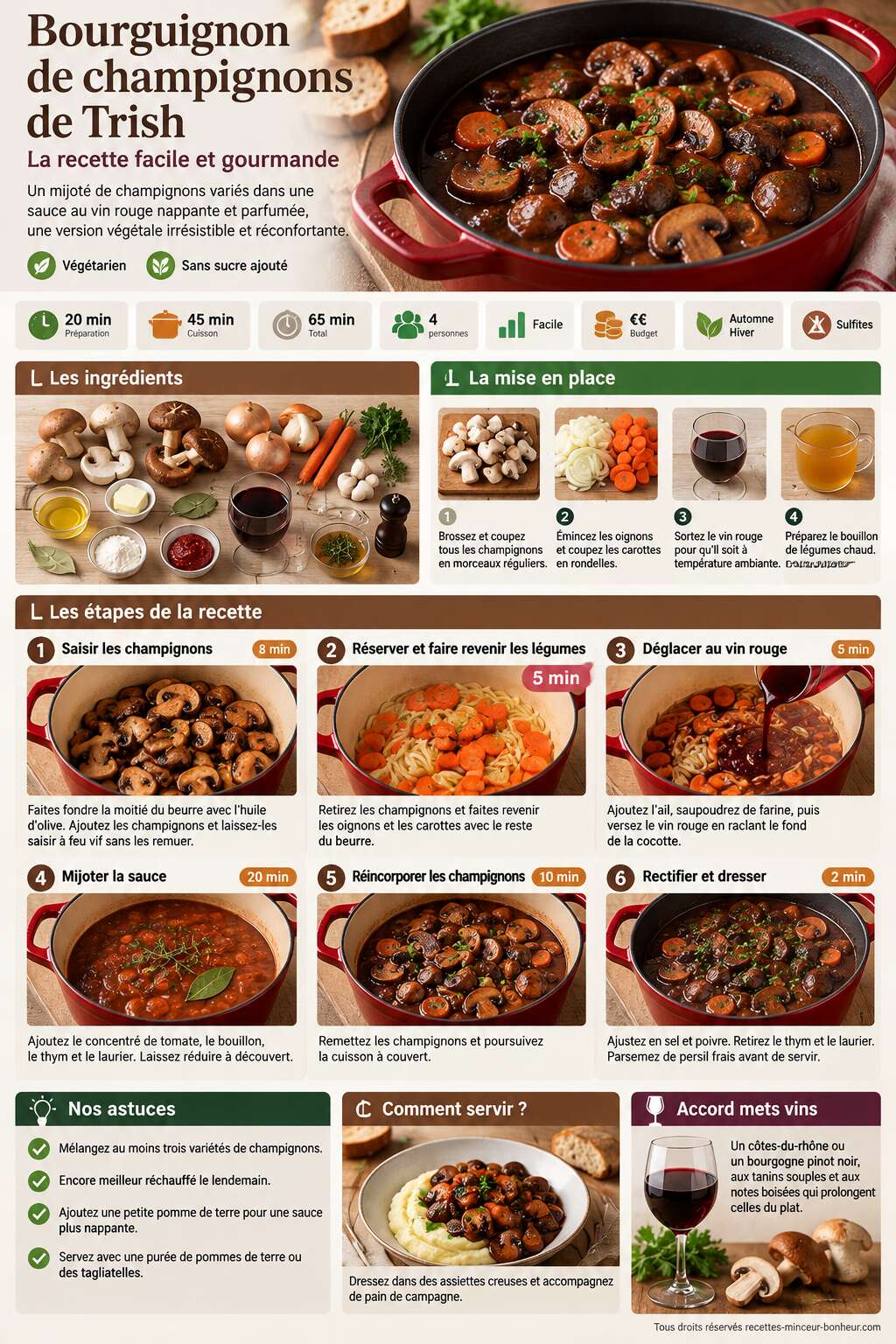 Fiche recette Bourguignon de champignons de Trish : la recette facile et gourmande