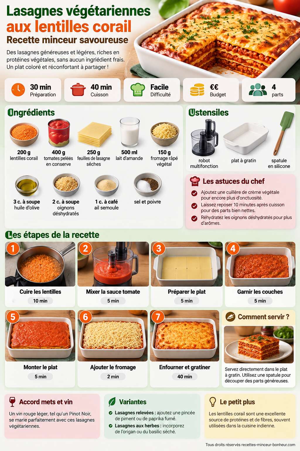Fiche recette Lasagnes v&eacute;g&eacute;tariennes aux lentilles corail : recette minceur savoureuse